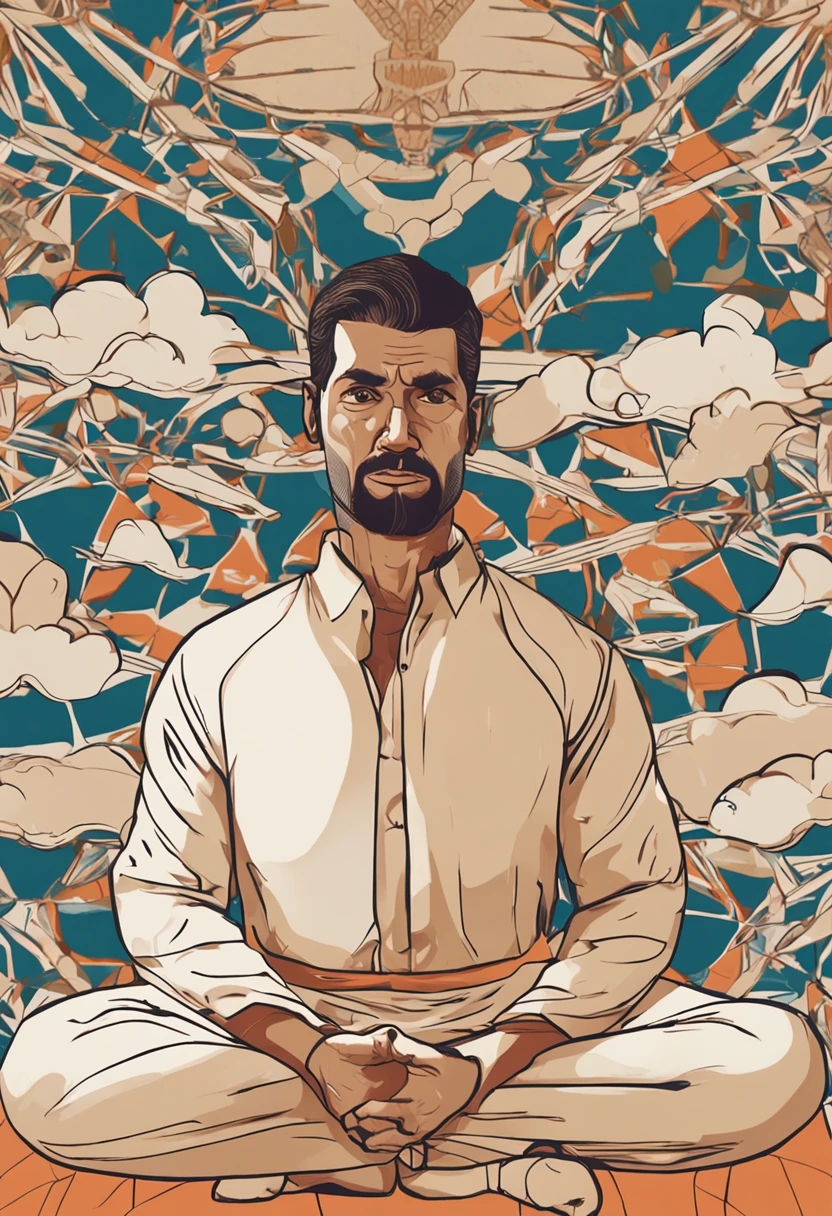 (Un hombre con traje) (sitting in meditation position) (Ojos cerrados 1.3) (mostrando todo el cuerpo 1.4) (se encuentra en un cuarto blanco) (anime)