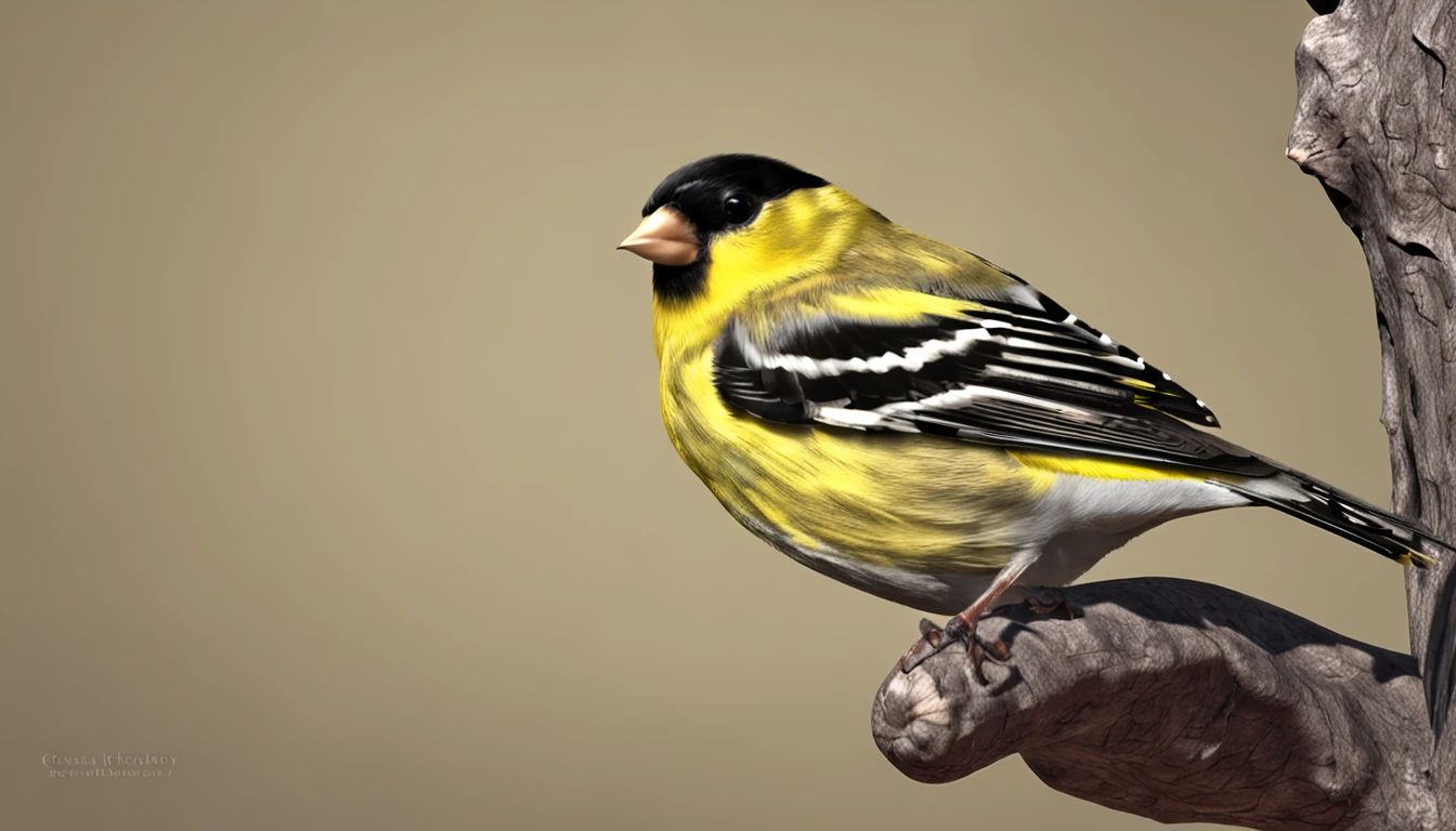 American Goldfinch with intense yellow and black colors that this in a tree is the main protagonist Natural realistic rendering, fotorrealista altamente detallado, render fotorrealista, Arte conceptual fotorrealista, Render hiper real, Renderizado 3D realista rojo, Aves f CGsociety, Imagen fotorrealista, fotorrealista altamente detallado, Renderizado detallado hiperrealista, Imagen detallada fotorrealista, Red bird, super detailed render, Renderizado de alta calidad