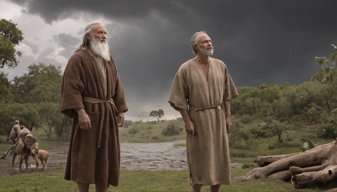 Create realistic visual representation of Noah, a man of advanced age with a wise and dignified appearance. He's wearing simple clothes, typical of ancient times, like a long tunic and a robe tied at the waist. Noah is standing next to the imposing ark, which is large enough to house many animals. He's looking up at the sky, with an expression of confidence and determination on his face. Around Noah, incluindo uma variedade de animais em pares, symbolizing the mission to preserve creation during the flood. The realistic scenery is a landscape that conveys the beginning of the storm, with dark clouds forming on the horizon and the first drops of rain beginning to fall. Create an atmosphere of mystery and hope, capturing the moment when Noah hears God's voice and prepares to face the impending flood with unwavering faith. Remember to incorporate realistic details into facial expressions, nas vestimentas e nos animais, while maintaining an artistic touch that evokes the sacred nature of biblical history. Use tons de cores que transmitem o clima da narrativa, alternating between softer colors to represent initial confidence and darker shades to show the onset of the storm. Ao final, you will have an image that visually captures the spirit of Noah's story in the Bible, Transmitting Your Faith, determination and connection with God in the midst of the monumental challenges that were born.
