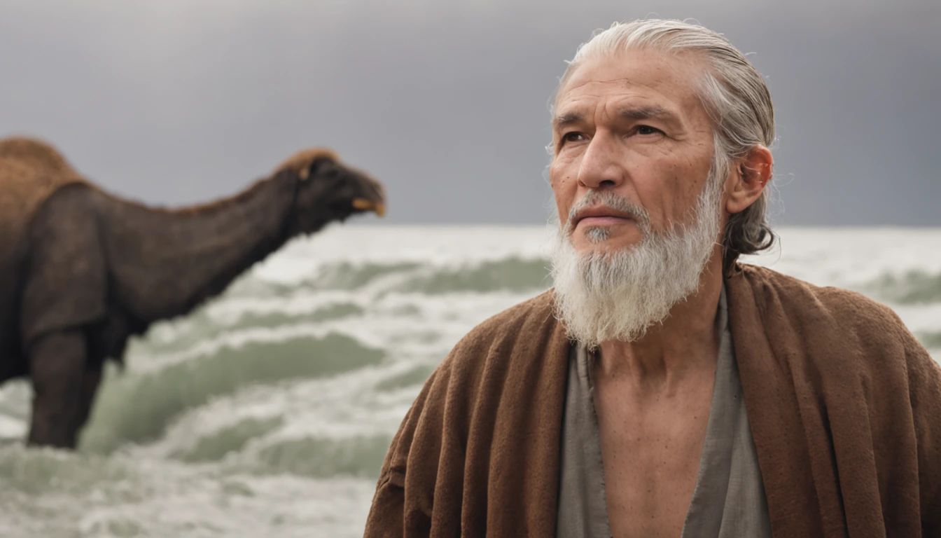 Create realistic visual representation of Noah, a man of advanced age with a wise and dignified appearance. He's wearing simple clothes, typical of ancient times, like a long tunic and a robe tied at the waist. Noah is standing next to the imposing ark, which is large enough to house many animals. He's looking up at the sky, with an expression of confidence and determination on his face. Around Noah, incluindo uma variedade de animais em pares, symbolizing the mission to preserve creation during the flood. The realistic scenery is a landscape that conveys the beginning of the storm, with dark clouds forming on the horizon and the first drops of rain beginning to fall. Create an atmosphere of mystery and hope, capturing the moment when Noah hears God's voice and prepares to face the impending flood with unwavering faith. Remember to incorporate realistic details into facial expressions, nas vestimentas e nos animais, while maintaining an artistic touch that evokes the sacred nature of biblical history. Use tons de cores que transmitem o clima da narrativa, alternating between softer colors to represent initial confidence and darker shades to show the onset of the storm. Ao final, you will have an image that visually captures the spirit of Noah's story in the Bible, Transmitting Your Faith, determination and connection with God in the midst of the monumental challenges that were born.