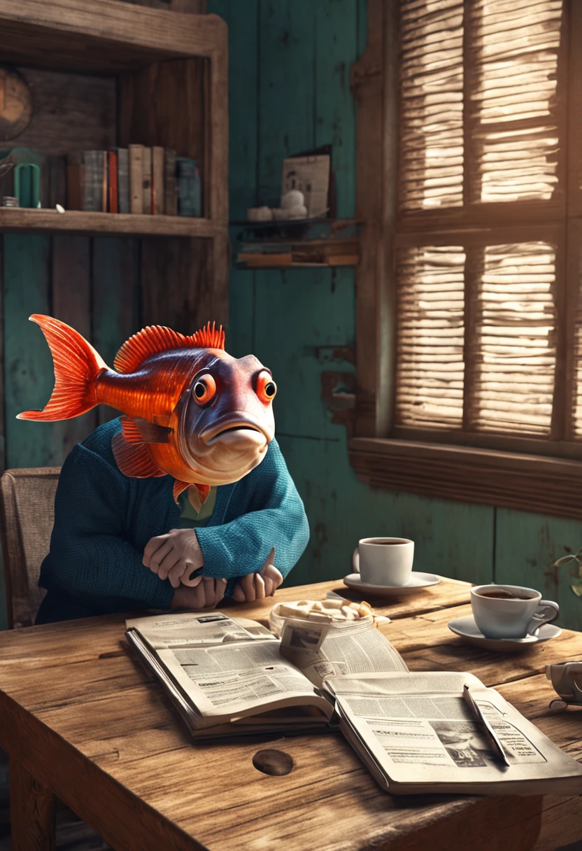 a fish sitting at a table smoking coffee and reading a newspaper