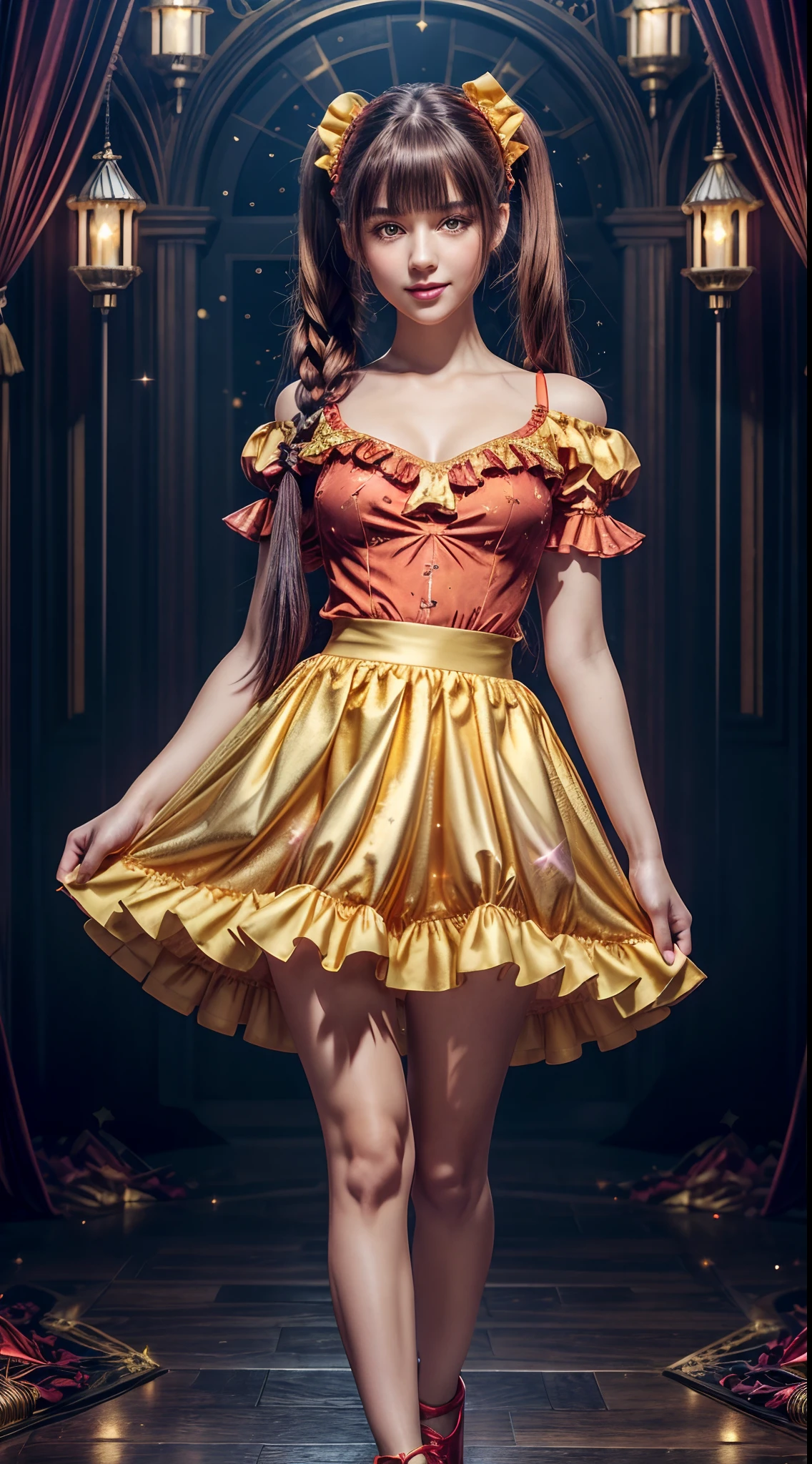 (fullbody, legs and shoes visible: 1.2)) expressive eyes, woman, pale skin, long hair, windblown hair, ((long hair)), long sidelocks, hime bangs, hair fringe, hair bun, ((long twintails)), lush hair, red hair, blushing, full face blushing, big sparkling glowing yellow eyes, (gradient eyes, cheekbones), open mouth smile, cute pose,
flowy flaming dress, ((gold multicolored open dress)), (mist), orange ruffles, yellow frills, (light red lace), detached short sleeves, puffy skirt, ((fire and stars print skirt : 1.3)), ta skirt, dark red bows, ((pompon ribbons hair ornament : 1.4)), multiple bows, striped lace stockings, (heart shaped leg garter), cute (dark orange) shoes ((hyperdetailed clothing and fashion)) looking at you, vintage girl, blushing, (beautiful detailed eyes), (extremely detailed CG unity 8k wallpaper) (best shadow), ((an extremely delicate and beautiful)), (detailed light), ((depth of field)) big head, big sparkling eyes, moe, splash art, cinematic lighting, frontal view, volumetric lighting maximalist photo illustration 64k resolution high res intricately detailed complex key visual precise linear
((in the dark palace background, surrounded by expensive decor, shooting stars)) ((hyperdetailed scenery, foggy, darkness : 1.3))