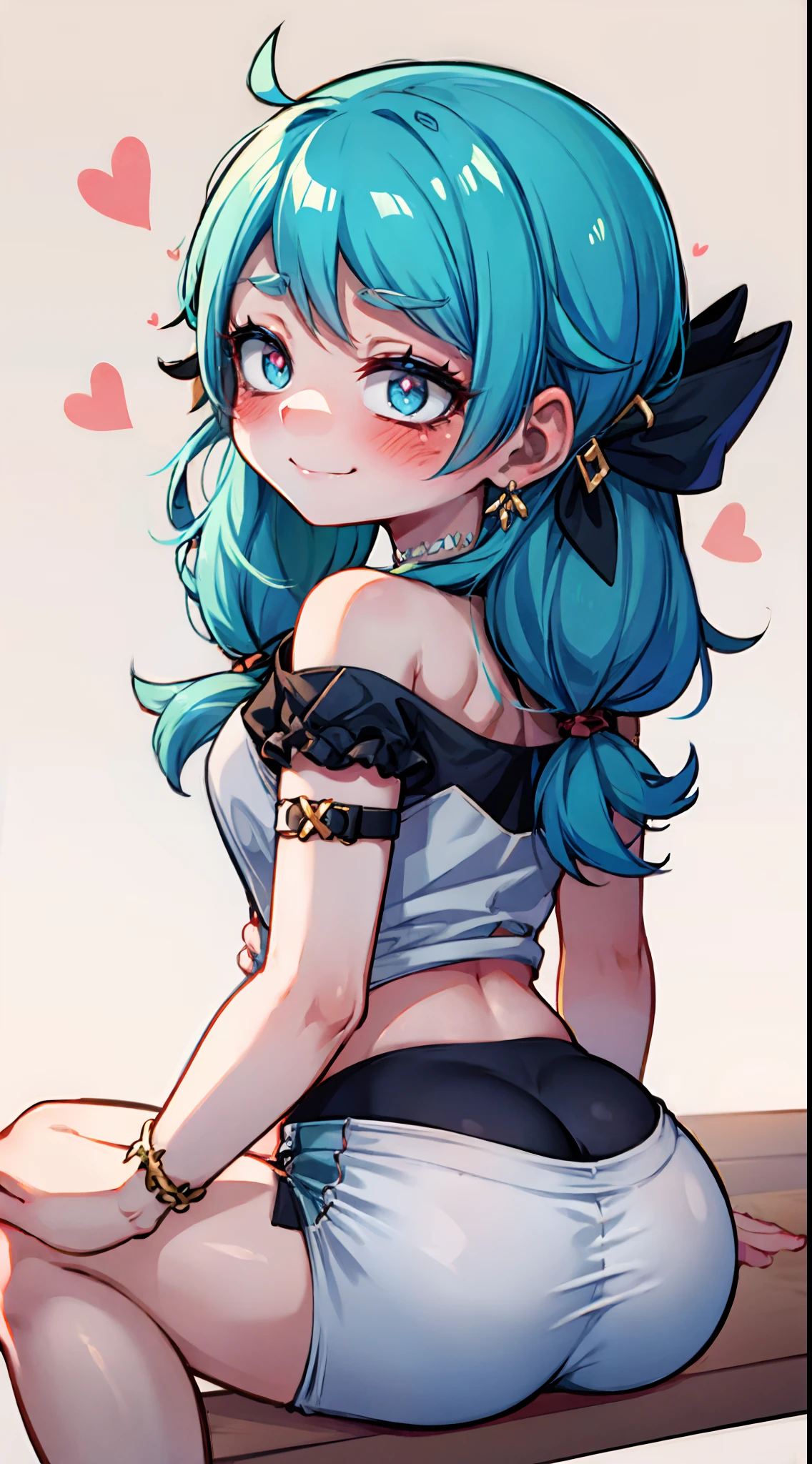 Gwen,White border on red background，Bend over，sitting down，Back view，Blush stickers，Long curly blue hair，dual horsetail，Huge bows on the sides of the hair，D-cups，Leaking out of the waist，Evil smile，Twist the crotch，ahegao，White top，showing waist，ripped short shorts，Hell Whisperer style,Love background，Fleshy thighs，highly rendered，detailed face with
