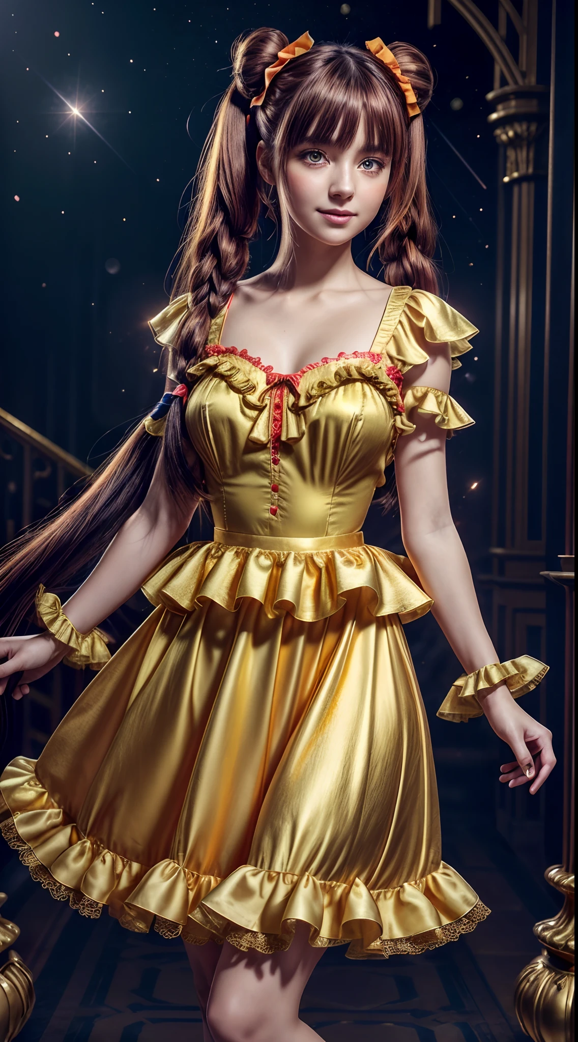 (fullbody, legs and shoes visible: 1.2)) expressive eyes, woman, pale skin, long hair, windblown hair, ((long hair)), long sidelocks, hime bangs, hair fringe, hair bun, ((long twintails)), lush hair, red hair, blushing, full face blushing, big sparkling glowing yellow eyes, (gradient eyes, cheekbones), open mouth smile, cute pose,
flowy flaming dress, ((gold multicolored open dress)), (mist), orange ruffles, yellow frills, (light red lace), detached short sleeves, puffy skirt, ((fire and stars print skirt : 1.3)), lolita skirt, dark red bows, ((pompon ribbons hair ornament : 1.4)), multiple bows, striped lace stockings, (heart shaped leg garter), cute (dark orange) shoes ((hyperdetailed clothing and fashion)) looking at you, vintage girl, blushing, (beautiful detailed eyes), (extremely detailed CG unity 8k wallpaper) (best shadow), ((an extremely delicate and beautiful)), (detailed light), ((depth of field)) big head, big sparkling eyes, moe, splash art, cinematic lighting, frontal view, volumetric lighting maximalist photo illustration 64k resolution high res intricately detailed complex key visual precise linear
((in the dark palace background, surrounded by expensive decor, shooting stars)) ((hyperdetailed scenery, foggy, darkness : 1.3))