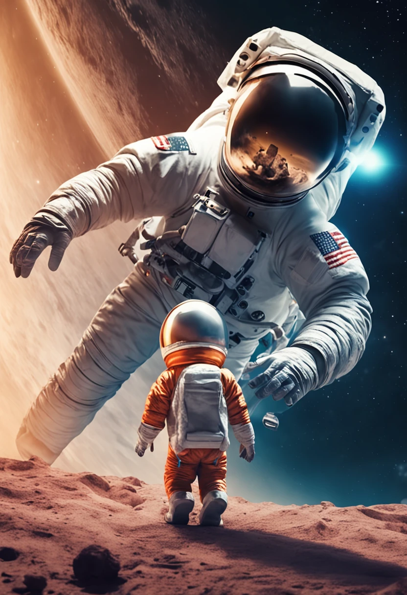 4k, Realistic, Muito Detalhe, There is a man holding his son by the hand, They're walking on the moon, They are astronauts, galaxy theme, roupas de astronauta, corpo inteiro. Pai e filho astronautas, Walking hand in hand, Astronaut man holding astronaut child by the hand, Walking hand in hand, facing the camera, Front view, perspectiva de frente