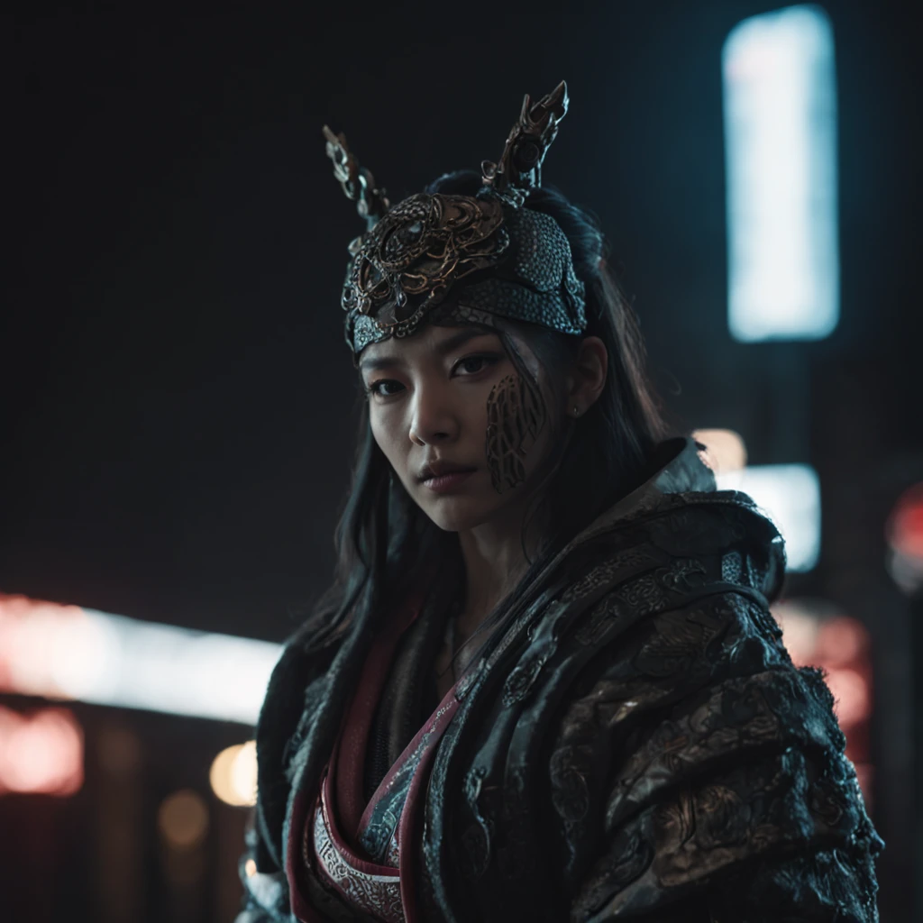 Movie scene still, japanese vibe, cybersamurai, dark, silhouette, cold, futuristic neon, Cinematic, intricate detail, 8K