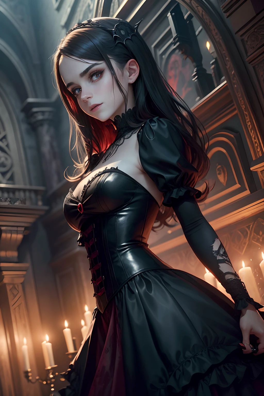 The composition includes a gothic-style castle background, further enhancing the dark and atmospheric setting, teen Emma Watson, eyes shine with a captivating red glow, and blood is depicted on her body, face, and eyes, this highly-detailed artwork captures the essence of a vampire girl wearing a sexy gothic style dress, red glowing eyes, sadistic smile, bloody cuts to face