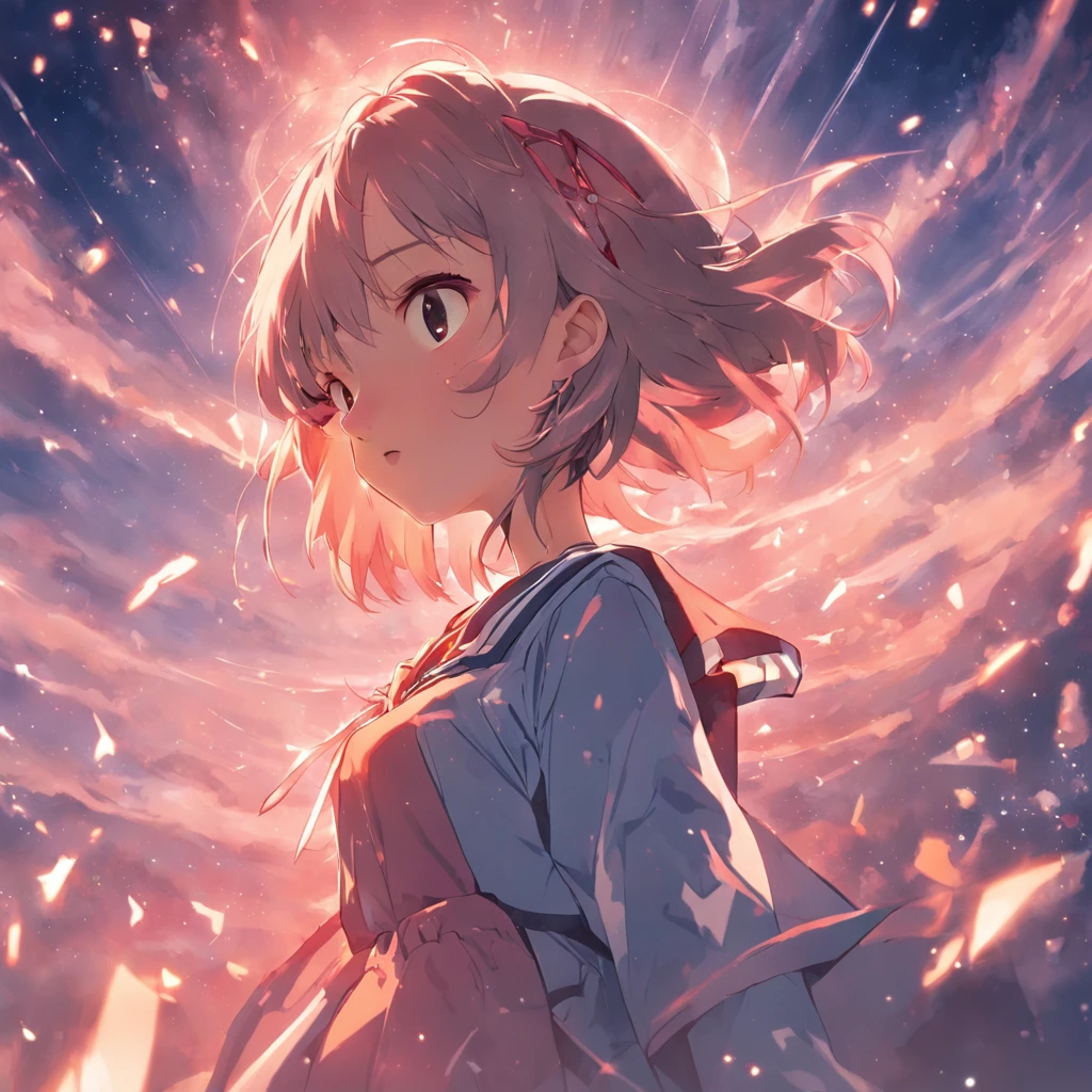 high detal,hyper-detailing,tmasterpiece,best qualtiy,cinematic Film still from,1girl,Very cool girl in sailor suit,Floating in the sky,closeup cleavage,brightly,cheerfulness,Warm and soft lighting,the sunset,meteors(spark of light:0.7)