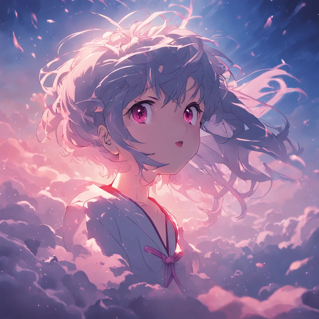 high detal，hyper-detailing，tmasterpiece，best qualtiy，cinematic Film still from，1girl，Very cool girl in sailor suit，Floating in the sky，closeup cleavage，brightly，cheerfulness，Warm and soft lighting，the sunset，meteors（spark of light：0.7）