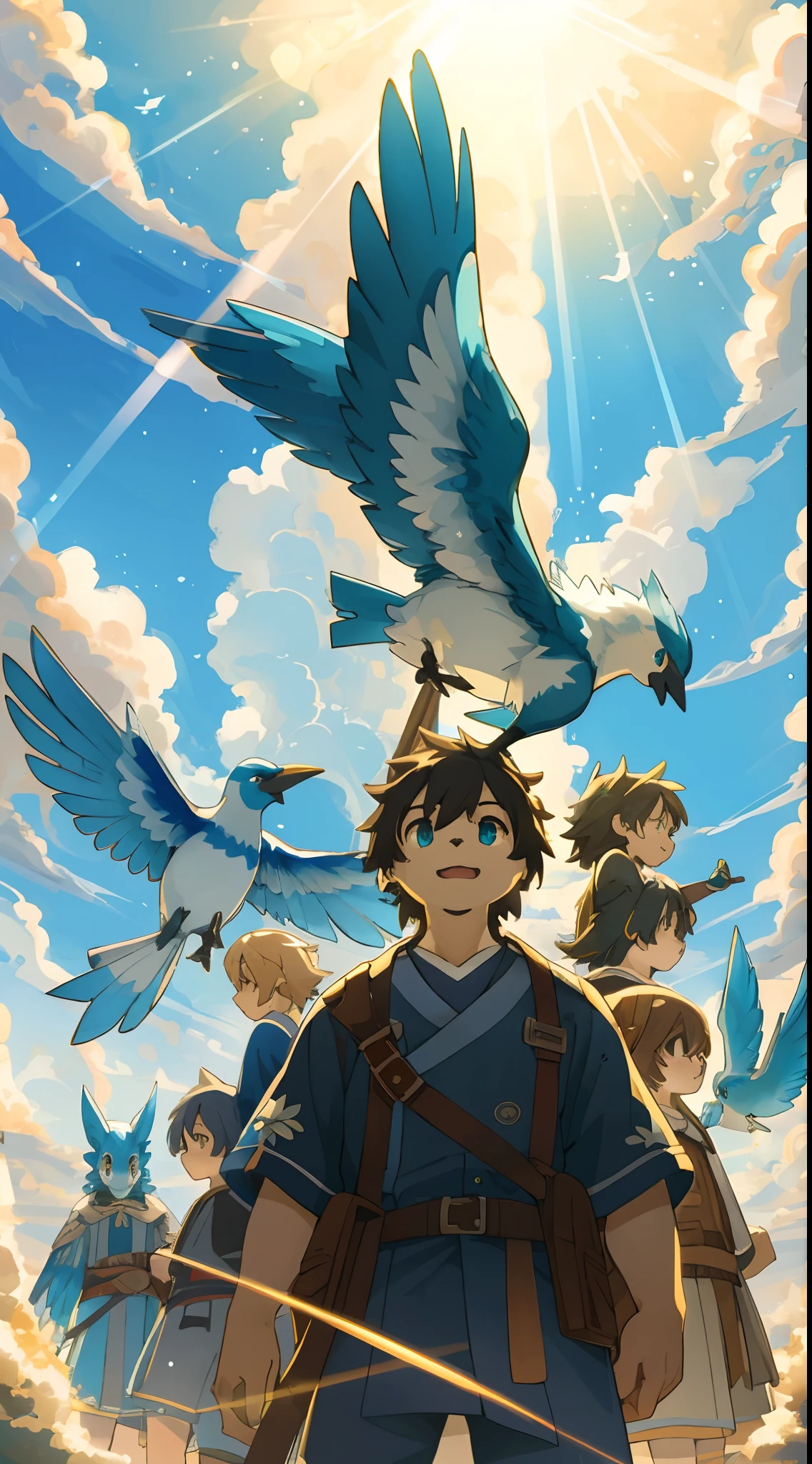 top quality, best quality, High-quality illustrations, masterpiece, super high resolution, detailed background, Blue sky((movie of bird creatures and human child)), 6+boys, 6+girls, absurdres(highly detailed beautiful face and eyes)perfect ???????, expression, caustics, light rays, dynamic lighting, light particles, lens flare, cinematic shadow(kemono, furry anthro)assorted poses, dynamic angle,