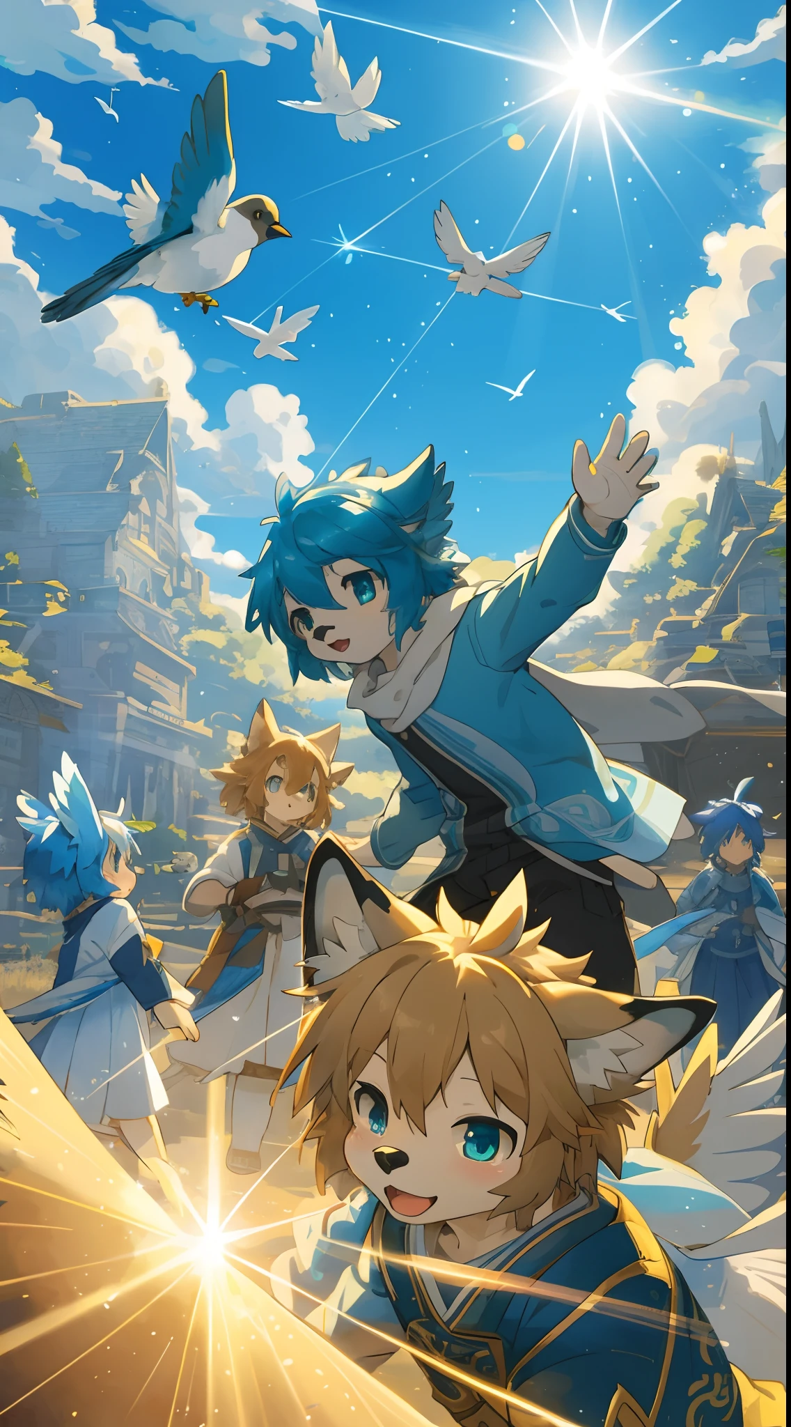 top quality, best quality, High-quality illustrations, masterpiece, super high resolution, detailed background, Blue sky((movie of bird creatures and human child)), 6+boys, 6+girls, absurdres(highly detailed beautiful face and eyes)perfect anatomy, expression, caustics, light rays, dynamic lighting, light particles, lens flare, cinematic shadow(kemono, furry anthro)assorted poses, dynamic angle,