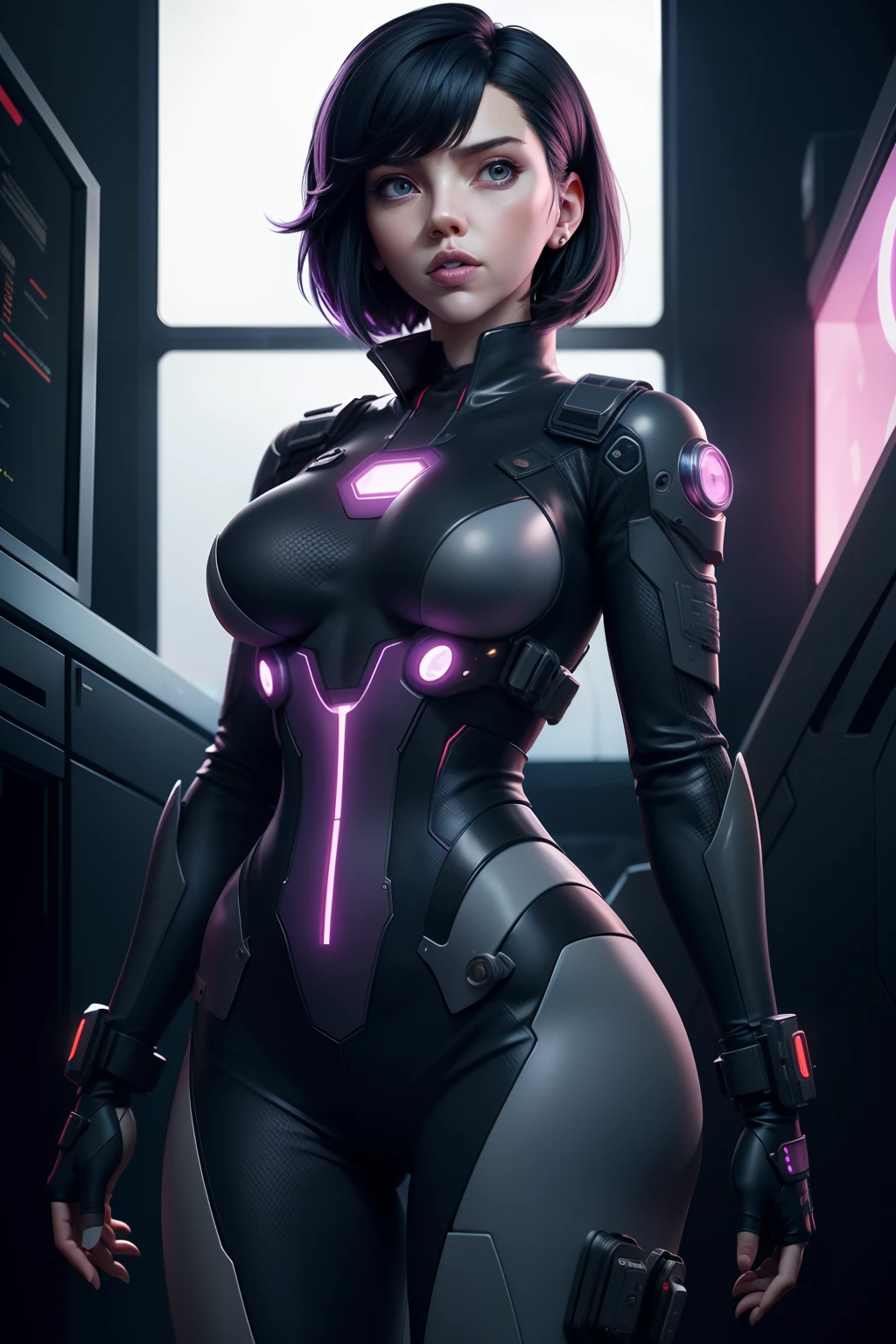 1girl, cyberpunk, (full body:1.1), thighhighs, cleavage, perfect eyes, perfect face, kuvshinov, (gradient background:1.2), doing blowjob oral sex