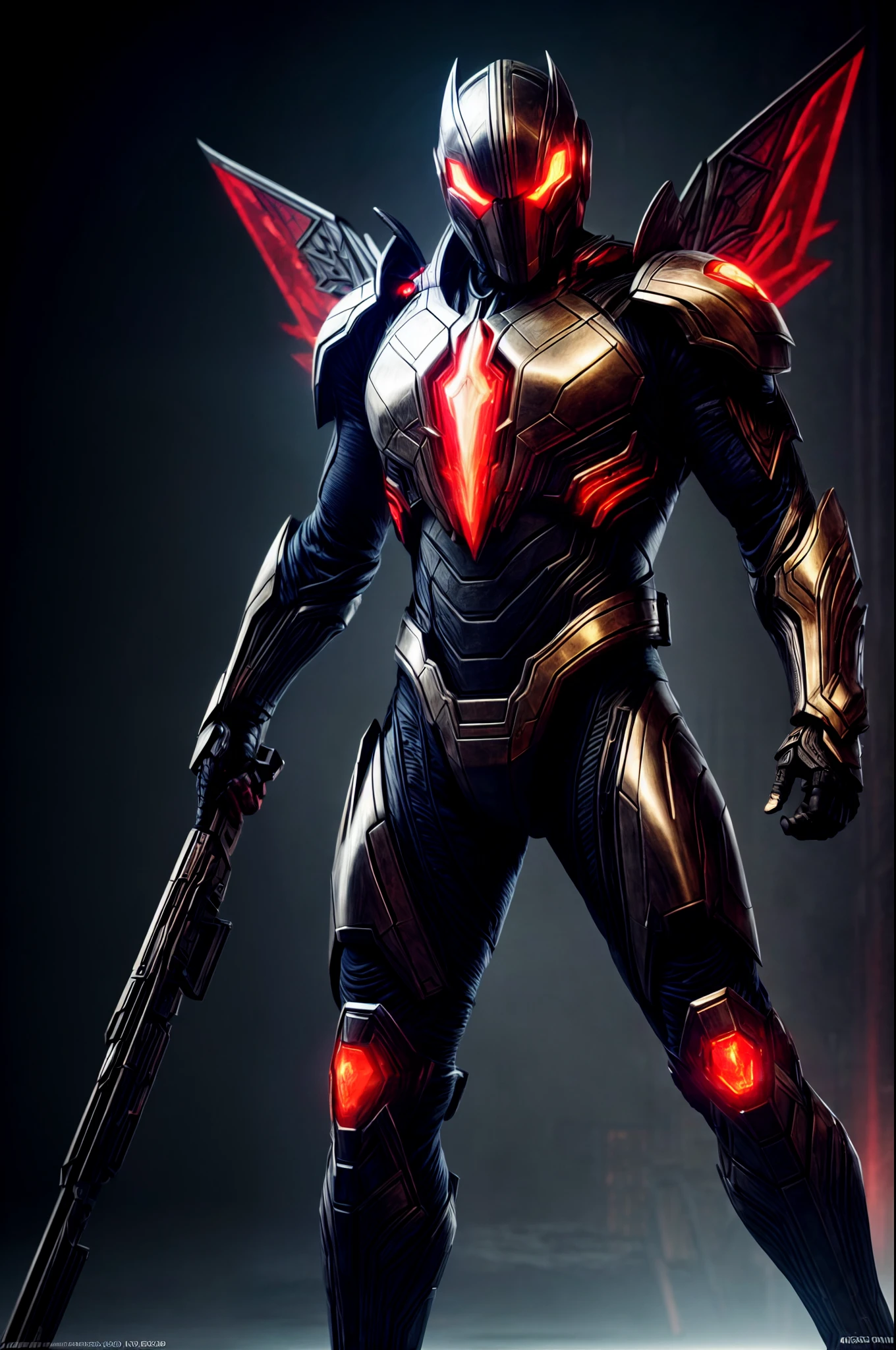 An intricate image of a Futuristic power-suit with armor and ai, that resembles a assasin with demon shaped helmet with glowing ember eyes, intricate metal wings, with flame thrower, Superhero landing pose, micro-details, photorealism, one light, dark photo, deep shadows, shallow depth of field, photorealistic, Surrealism, high quality, masterpiece, 8k, 8k, super detail, full body portrait, extremely muscular, scratched, dented, battle scars, flying with his boosters