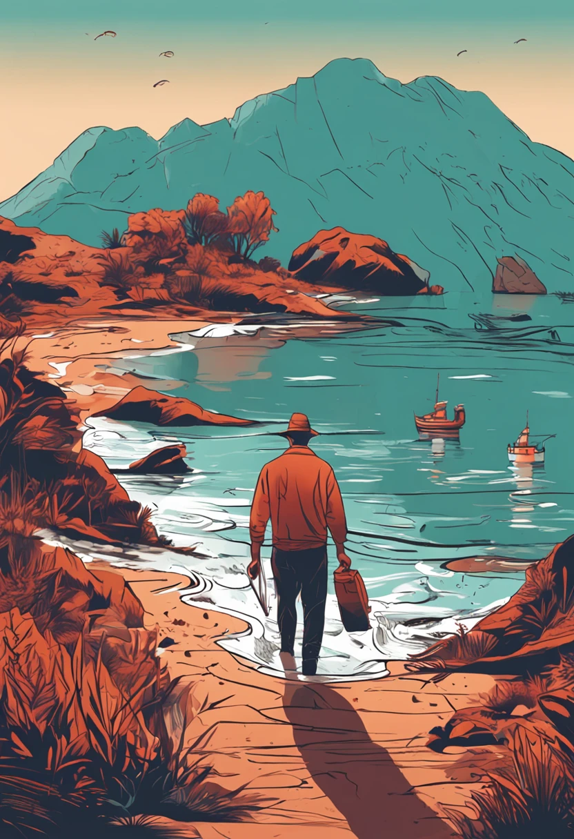 desenho de um homem andando com um peixe