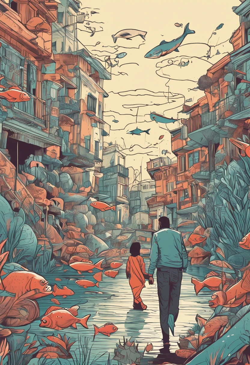 desenho de um homem andando com um peixe