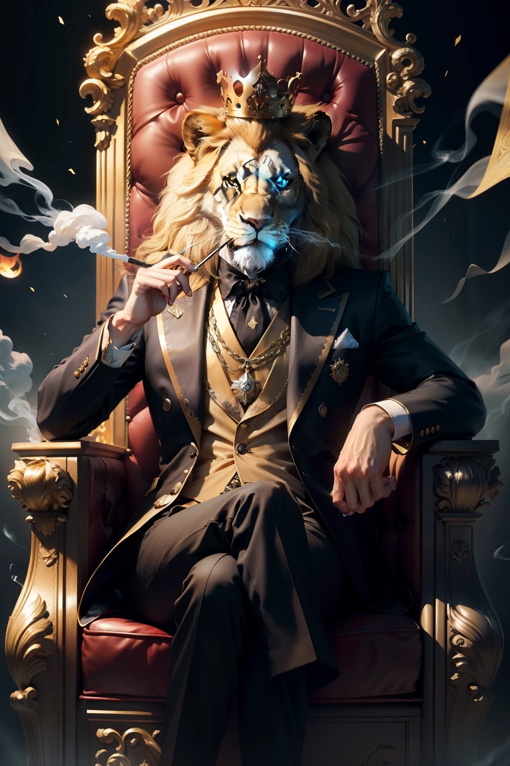 best quality, t masterpiece, lion, smoking, throne, crown, , black suit