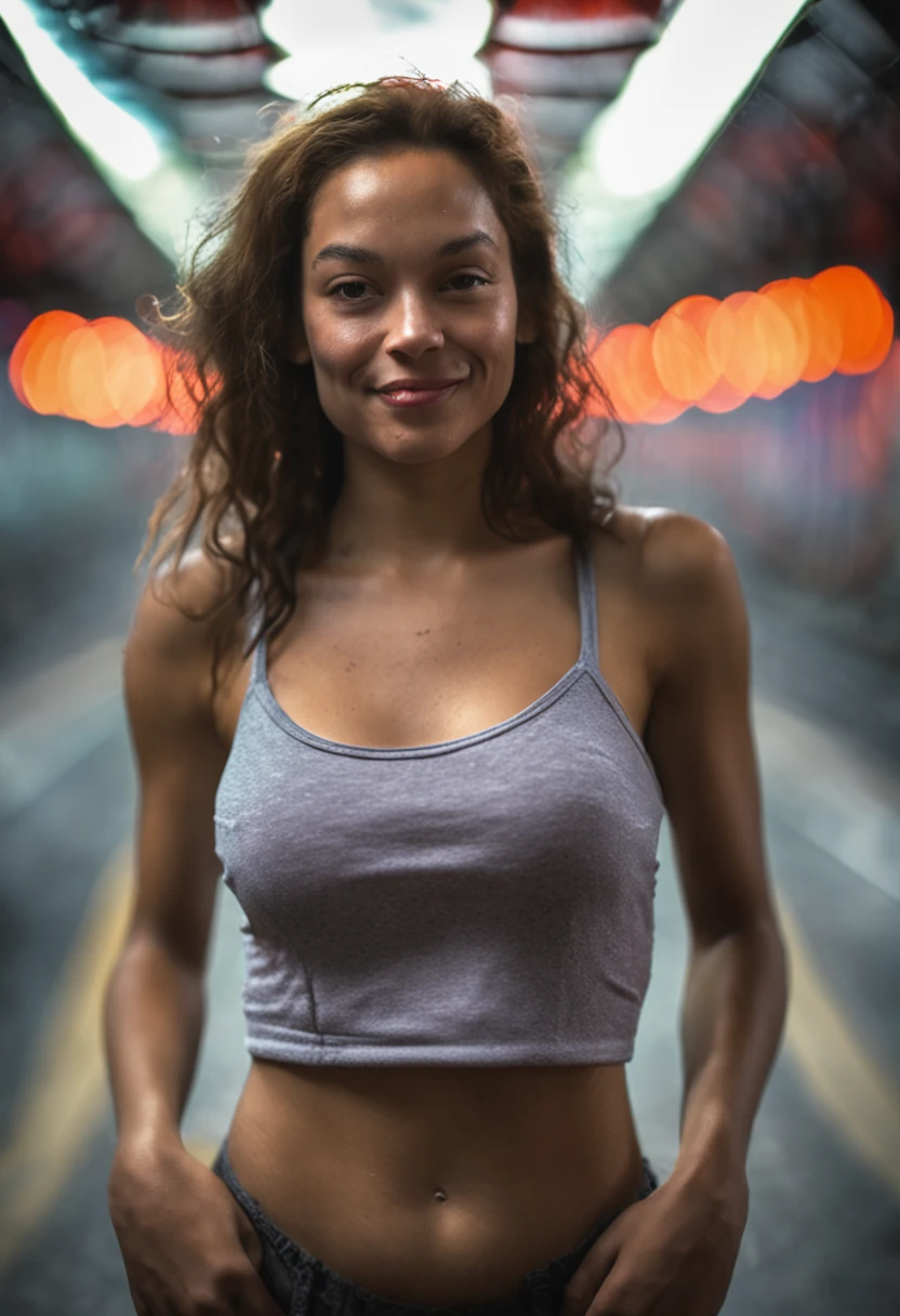 portrait, clouse-up, upper body, Best quality, masterpiece, ultra high res, (photorealistic:1.4), raw photo, street photography, trending on flickr, 1girl, topless ((small saggy breasts)), in the dark, low key, deep shadow, cold light, deep contrast, bokeh, depth of field, (looking at viewer, softly smiling), a photo of a inside a subway car, wall full of grafittis, Drew Tucker, award-winning photograph,neoism, ((upper body)), ((straight photo)),light smile,exposure blend, medium shot, bokeh, (hdr:1.4), high contrast, (cinematic, teal and orange:0.85), (hyperdetailed:1.2), (noir:0.4),huge breasts, solo