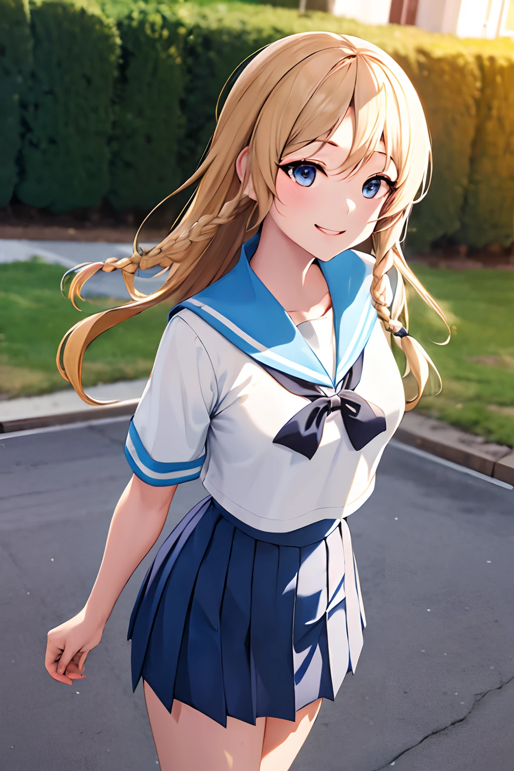 masterpiece, best quality, highres, bbhayasaka, single braid, medium breasts, school uniform, serafuku, blue sailor collar, sailor shirt, white shirt, short sleeves, pleated skirt, blue skirt, street, standing, cowboy shot, smile, adult