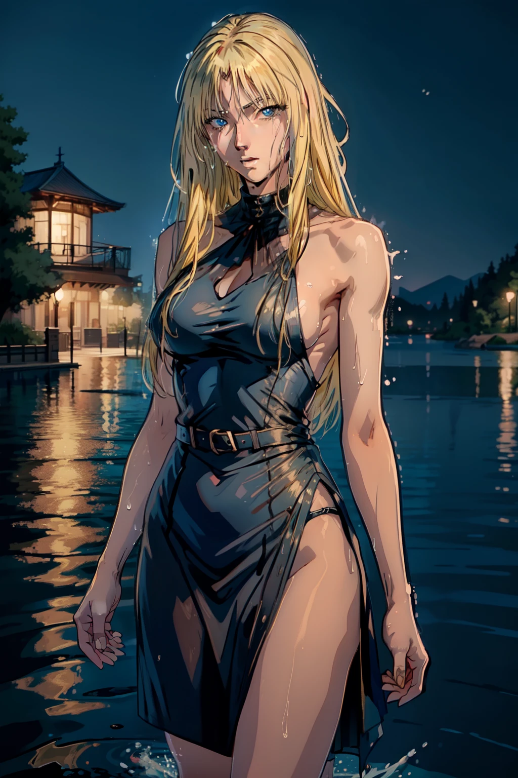 blue/brown eyes,best quality, masterpiece, 1girl, solo, kanzakiurumi, mature female, medium breasts, slender body, blond, black dress,  wet dress, night, star \(sky\), heterochromia, lake, park, blue/brown eyes, cowboy shot,