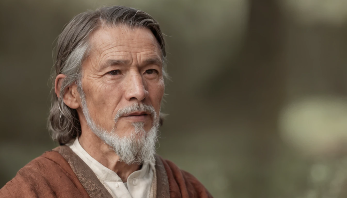 Create realistic visual representation of Noah, a man of advanced age with a wise and dignified appearance. He's wearing simple clothes, typical of ancient times, like a long tunic and a robe tied at the waist. Noah is standing next to the imposing ark, which is large enough to house many animals. He's looking up at the sky, with an expression of confidence and determination on his face.