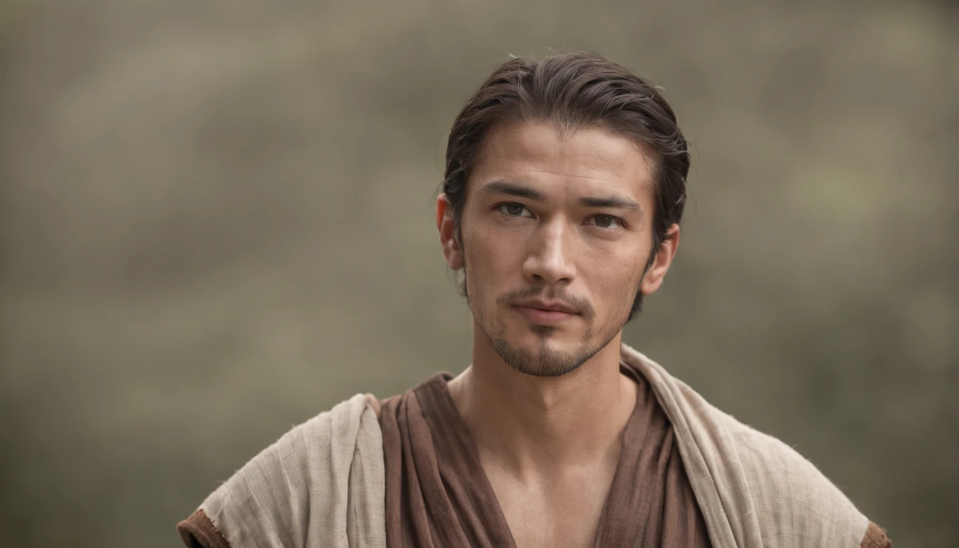 Create realistic visual representation of Noah, a man of advanced age with a wise and dignified appearance. He's wearing simple clothes, typical of ancient times, like a long tunic and a robe tied at the waist. Noah is standing next to the imposing ark, which is large enough to house many animals. He's looking up at the sky, with an expression of confidence and determination on his face.