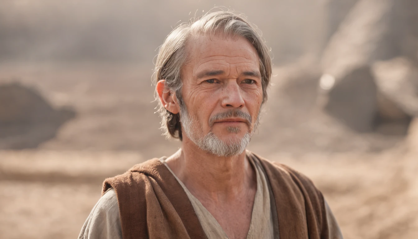 Create realistic visual representation of Noah, a man of advanced age with a wise and dignified appearance. He's wearing simple clothes, typical of ancient times, like a long tunic and a robe tied at the waist. Noah is standing next to the imposing ark, which is large enough to house many animals. He's looking up at the sky, with an expression of confidence and determination on his face.