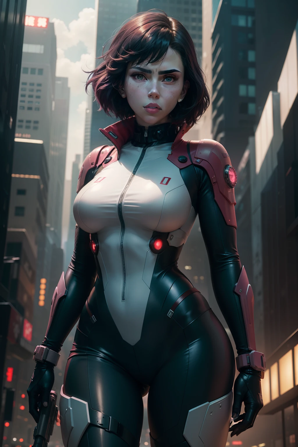 ((scarlett Johansson)), new york, tiem square, "Tomorrow's Watcher" seems to be a reference to the movie "Ghost in the Shell", where the protagonist is Major Motoko Kusanagi. She is a cyborg with a human mind in an artificial body, working in Public Safety's special operations unit. Motoko is known for her skill in hacking and combat, while questioning her own identity and humanity. With her strength and intellect, she faces technological and philosophical threats in a cyberpunk future, exploring themes of identity, conscience and ethics in a world dominated by advanced technology. Major Motoko Kusanagi, a character from the "Ghost in the Shell" universe, has a distinctive and iconic appearance. She is depicted as a beautiful young woman of average height, with a strong, slender, athletic figure. Her hair is normally short and a deep black color, although in some adaptations it can vary in length. Her eyes are often featured as a focal point, as they can be cybernetically altered to vary in color, pattern, and functionality such as zoom or infrared vision. Her skin is pale, often creating a stark contrast to her black hair. Motoko is often seen wearing tactical attire or futuristic clothing, reflecting her role as a member of a highly advanced special operations unit. These suits typically include pieces of light armor and built-in technology for combat and infiltration.