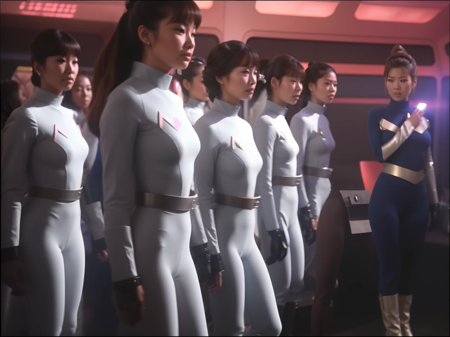 Alafed image of a group of women in uniform standing in a row, 1 9 8 0 SCI-FI Style, star trek asian woman, Starfleet Uniforms, Spaceship scene, 1 9 8 0 s SCI - FI Movies, 1 9 8 0 SF, Large crowd of androids, Android crowd、skintight、8k、huge tit、Spandex Costume、younggirl、hightquality、