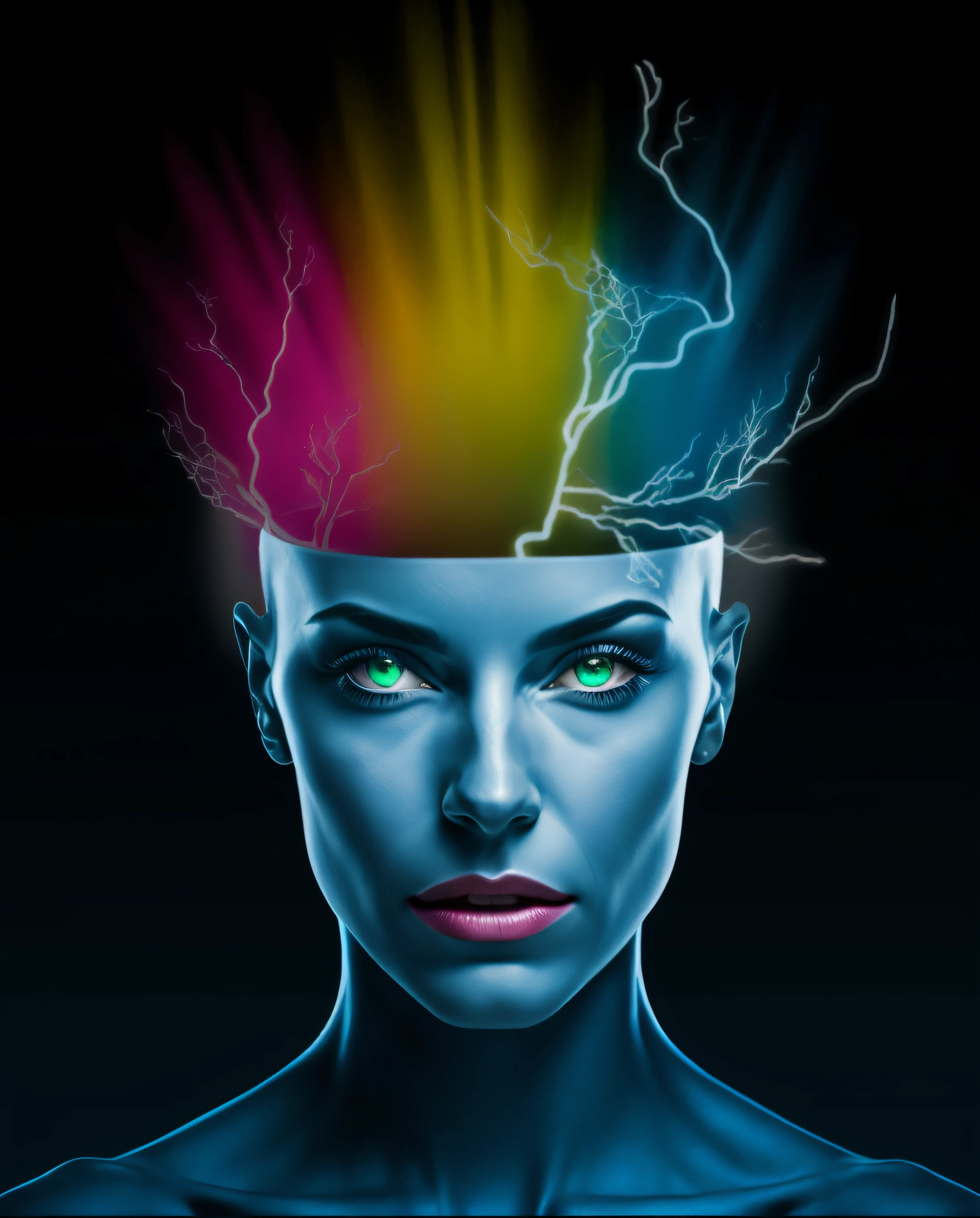 Woman with a rainbow colored head and lightning sticking out of her head, she is attracting lightnings, mind character, neurological marvel, sobrecarga, cinematic lightning and colors, arco cerebral, electric brainstorm, estimulante nootropic, detailed glowing head, glowing head, consciousness projection, controle da mente, Brainstorm, cabelos eletrificados, aura de poder. circunstanciado