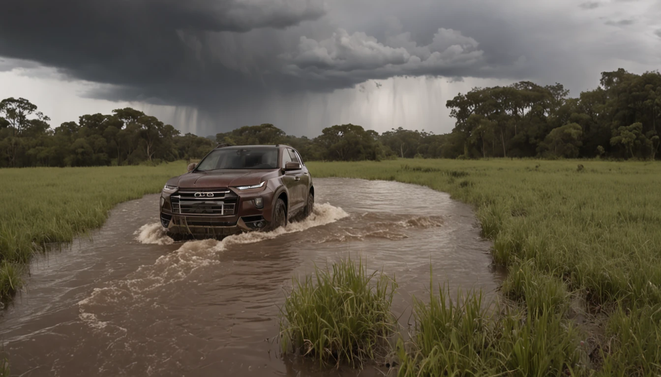 Around Noah, incluindo uma variedade de animais em pares, symbolizing the mission to preserve creation during the flood. The realistic scenery is a landscape that conveys the beginning of the storm, with dark clouds forming on the horizon and the first drops of rain beginning to fall.