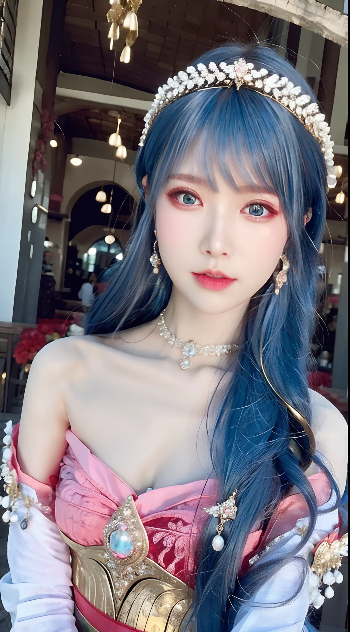 Gorgeous and delicate butterfly ornaments，brilliant colorful，Fine engraving，Shine brightly，The attention to detail，The jewelry is of excellent quality，Extremely high image quality;blue  hair+Small pink flowers:1.3+Big red eyes+gold-wire glasses:1.2+Intellectual beauty:1.1)