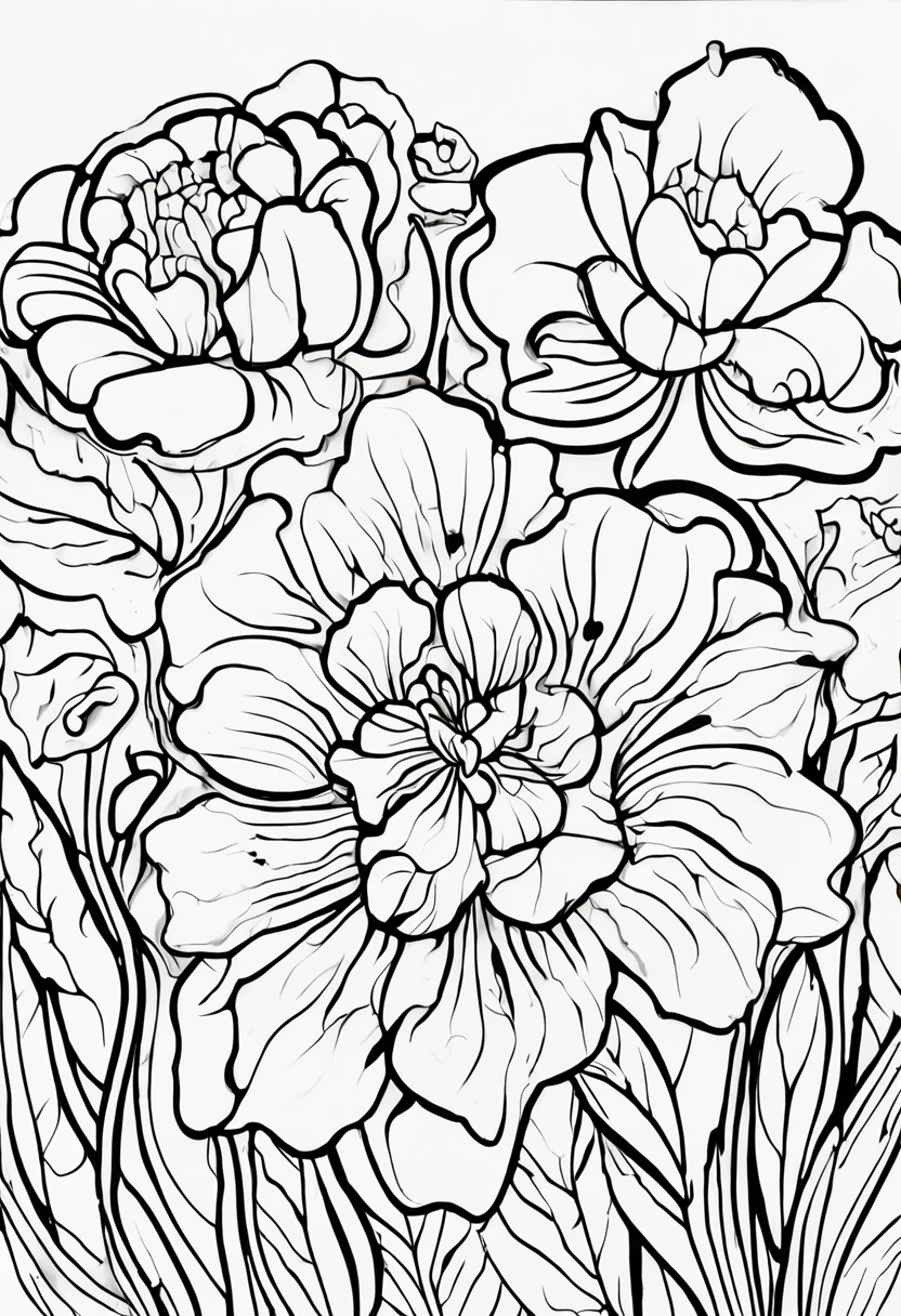 create a 2d black outline, " Flowers and Nature " coloring page, low details design, white background, black contour, coloring page design, cartoon style, simple background, black and white color only