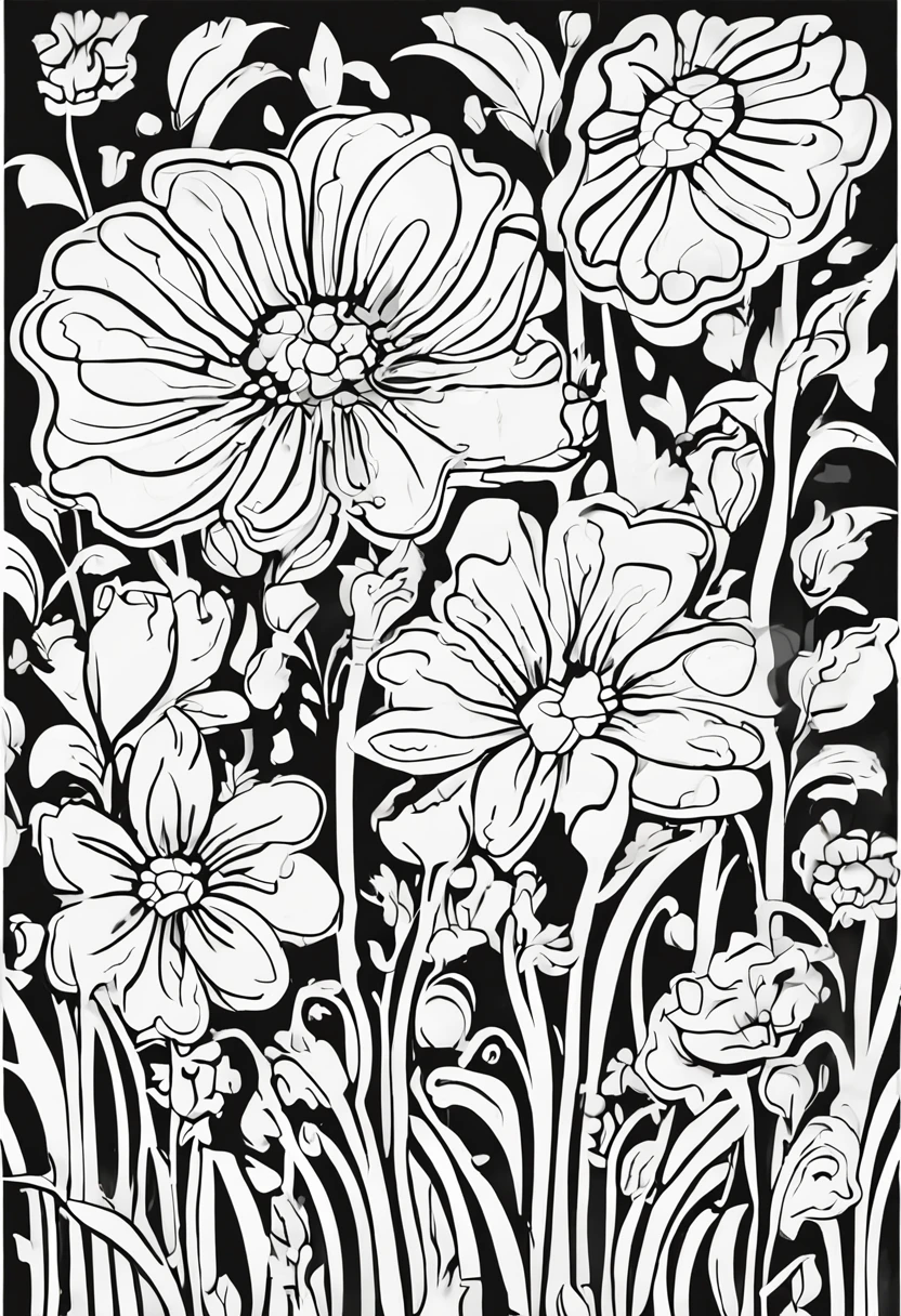 create a 2d black outline, " Flowers and Nature " coloring page, low details design, white background, black contour, coloring page design, cartoon style, simple background, black and white color only