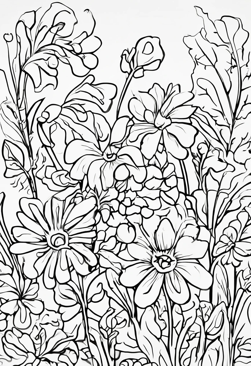 create a 2d black outline, " Flowers and Nature " coloring page, low details design, white background, black contour, coloring page design, cartoon style, simple background, black and white color only