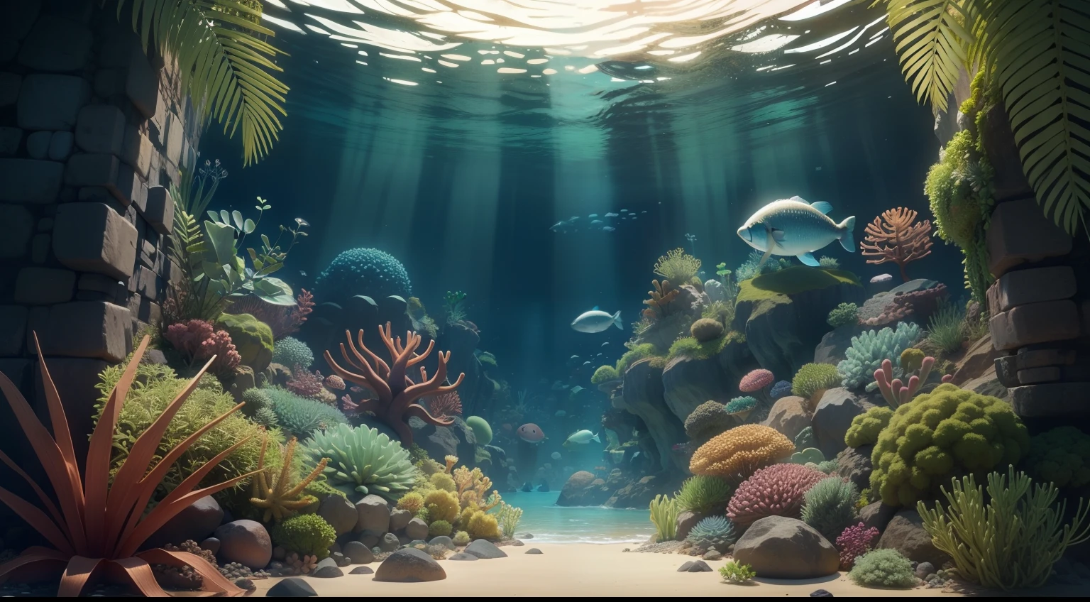 fundo do mar com plantas e algas marinhas
