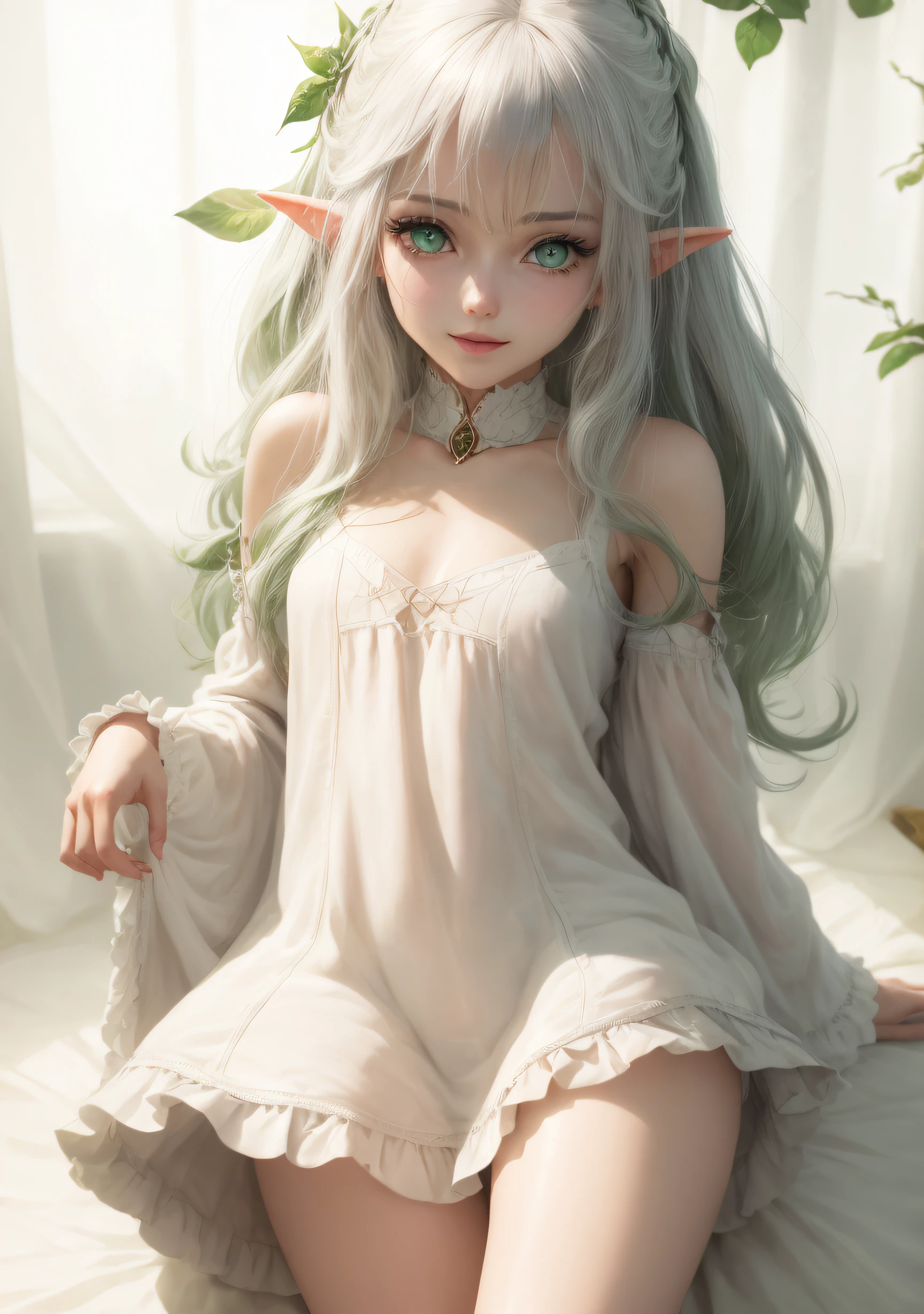 The elf stands and looks at the camera, green eyes and white hair, She lifts her skirt with her hands, Upskirt, blue skies, Beautiful clear blue sky, green hairpins in the hair, skinny waist, Slender figure, Appearance of the model, confusion, sexuality, nahida, pixie, elf ears, Beautiful ears, green colored eyes, People's casual clothes, pantyhouse, white pantyhose, little chest, You can see the, Upskirt, Elf Girl, Sweet girl, attractive anime girl, beautiful anime girl, Cute beautiful anime woman, detailed digital anime art, beautiful anime girl, beautiful anime girl, Anime with small details, Best Quality, Masterpiece, Ultra-detailed, Beautiful, hight resolution, Original,CG 8K ультрареалистичный, perfect artwork, beatiful face, Face Clean, Skin, hyper realistic, Ultra Detailed, A detailed eye, dramatic  lighting, (Realistic) Realistic, Full HD, Best Quality, Best Quality, Beautiful lighting, (8k wallpaper of extremely detailed CG unit), High Details, sharp-focus, The art of dramatic and photorealistic painting, beautiful smile,