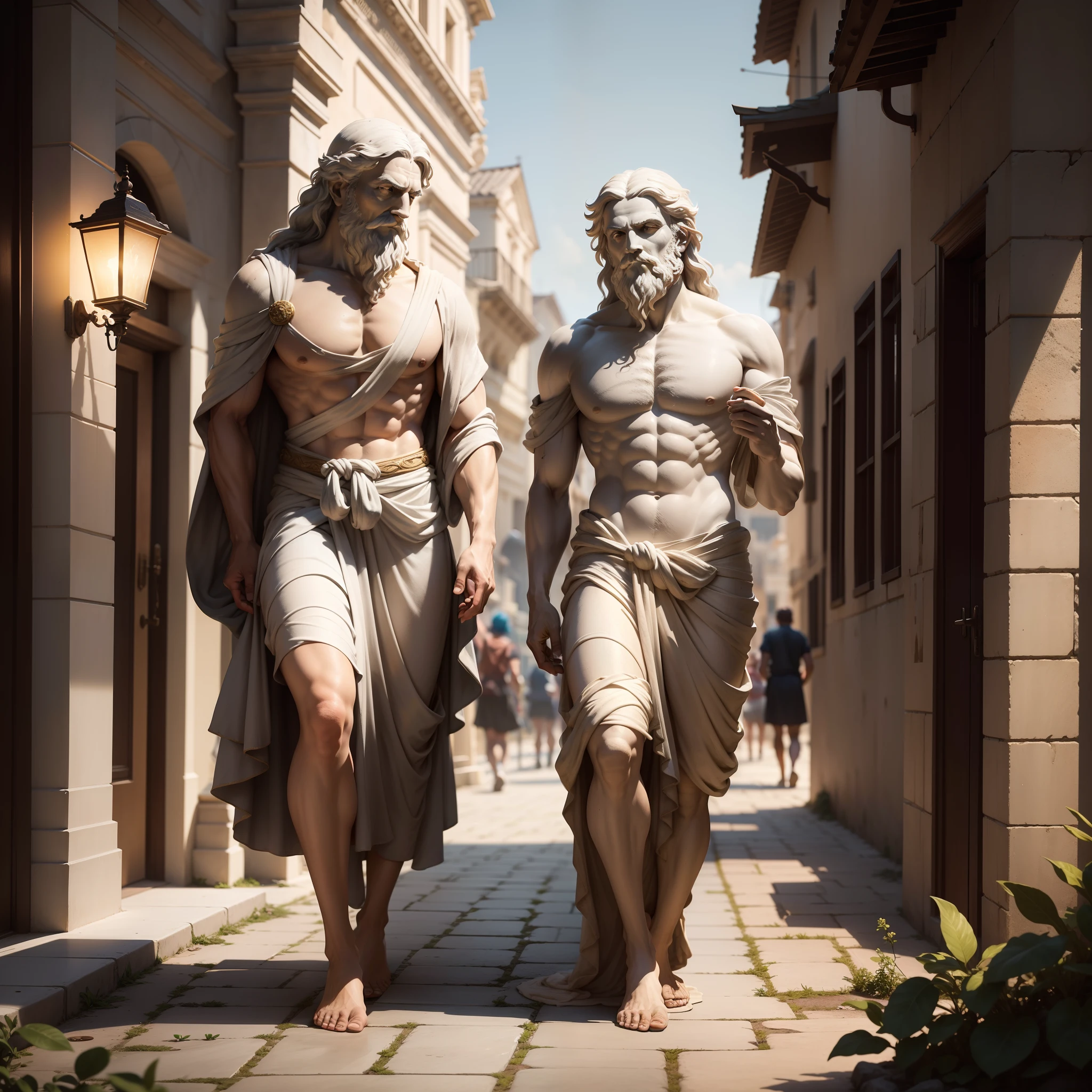 "Visualize a scene set in ancient Greece, where moonlight softly bathes a street paved with worn and polished stones, aged by the passage of time. On this street, a grand statue of a man resembling Socrates and Leonardo da Vinci comes to life, strolling naturally among pedestrians. The ambiance radiates wisdom and creativity, with a unique blend of past and present. Capture this moment in an 8k high-resolution image, enhanced by HDR effects that accentuate every detail, conveying the vivid sensation of being present in this timeless instance."