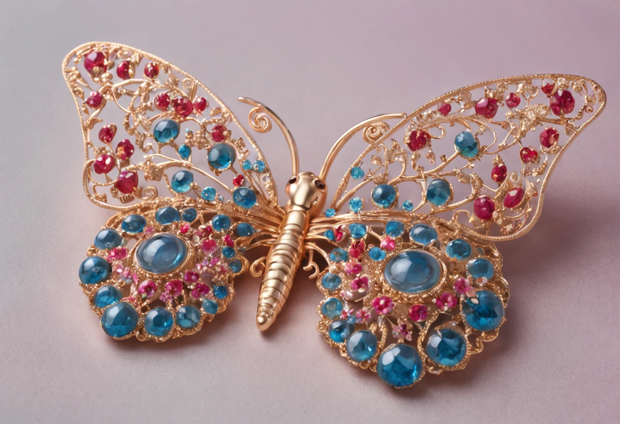 Gorgeous and delicate butterfly ornaments，brilliant colorful，Fine engraving，Shine brightly，The attention to detail，The jewelry is of high quality，Extremely high image quality;blue  hair+Small pink flowers:1.3+Big red eyes+gold-wire glasses:1.2+Intellectual beauty:1.1)