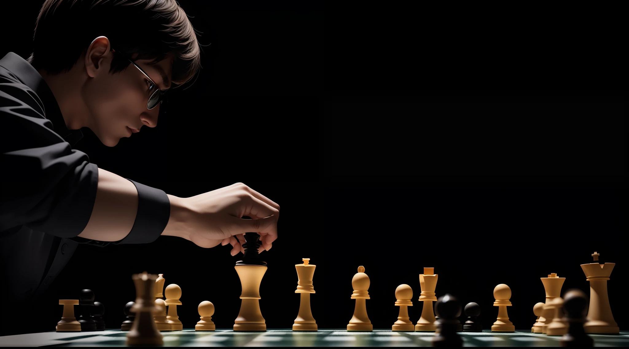 The character is facing the camera，Fully backlit，Completely pitch black background，Close-up Shot Shot，Hold a chess piece in hand，Simple shades