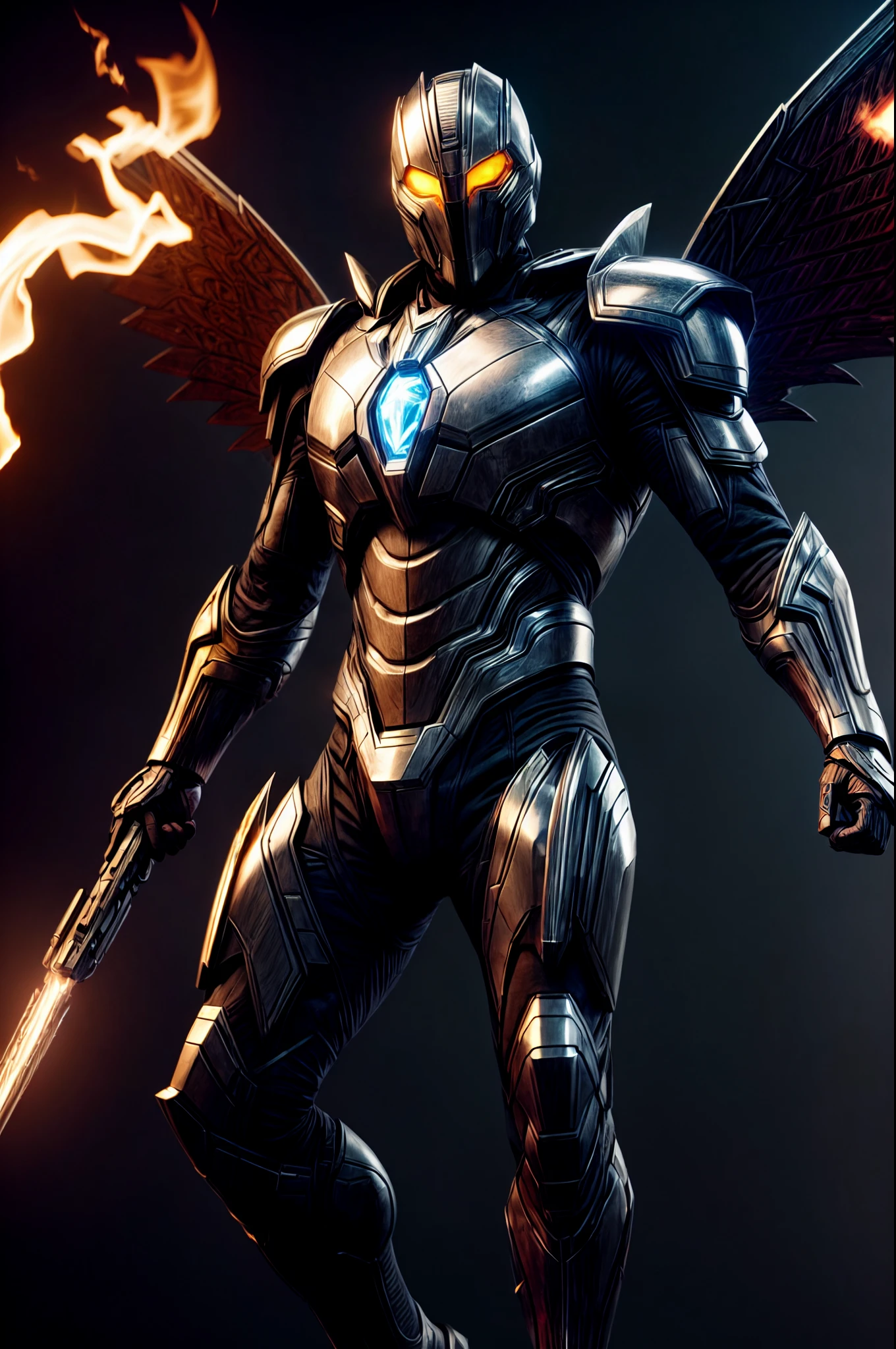 An intricate image of a Futuristic power-suit with armor and ai, that resembles a assasin with demon skull helmet with glowing cyclopse ember eyes, intricate metal wings, with flame thrower, Superhero landing pose, micro-details, photorealism, one light, dark photo, deep shadows, shallow depth of field, photorealistic, Surrealism, high quality, masterpiece, 8k, 8k, super detail, full body portrait, extremely muscular, scratched, dented, battle scars, flying with his boosters
