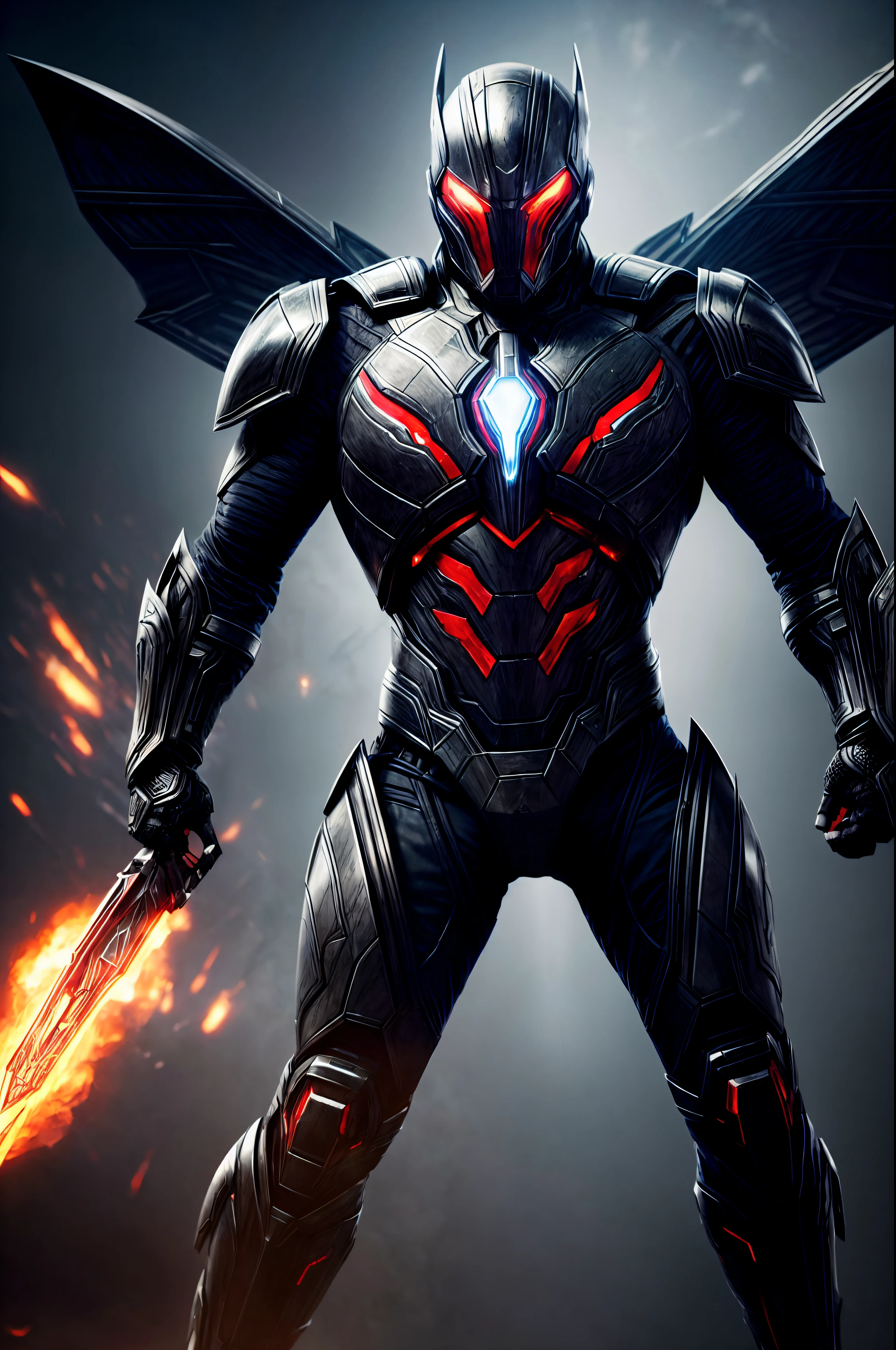 An intricate image of a Futuristic power-suit with armor and ai, that resembles a assasin with demon skull helmet with glowing ember eyes, intricate metal wings, Superhero landing pose, micro-details, photorealism, one light, dark photo, deep shadows, shallow depth of field, photorealistic, Surrealism, high quality, masterpiece, 8k, 8k, super detail, full body portrait,  extremely muscular, scratched, dented, battle scars, flying with his boosters