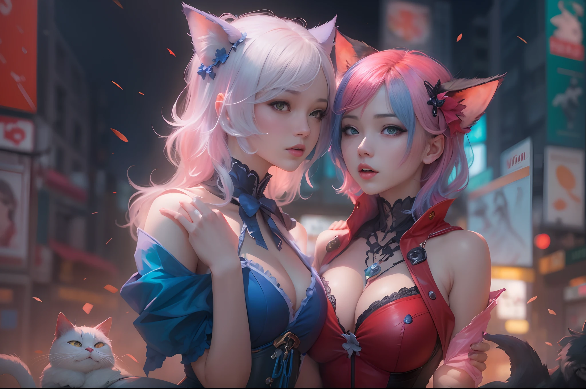 anime - style image of two women with pink and blue hair dressed in red and blue corset, posing in Akihabara for a foto shooting, wlop and sakimichan, attractive cat girl, artwork in the style of guweiz, fantasy art style, 2. 5 d cgi anime fantasy artwork, fanart best artstation, by Yang J, trending on cgstation, wlop and ross tran, guweiz