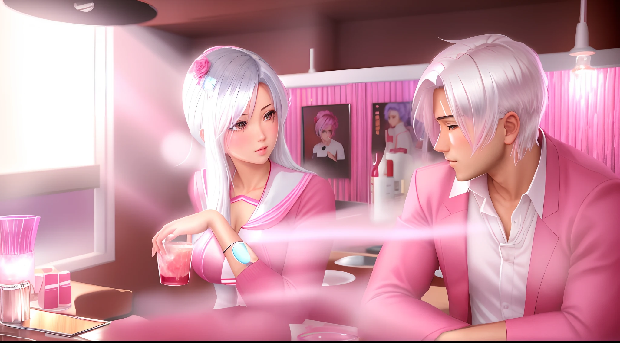 Anime Style, Images of a man and a woman, sitting at the bar, in a bar, visual novel cg;with a drink, drinking at the bar, Визуальный элемент Visual Novel, drink their hearts, sitting at the bar,made with anime painter studio, Silver hair in a woman, and pink in a man, Vase with a rose, toy train, 80's, pin art in background, A bottle of wine in hand