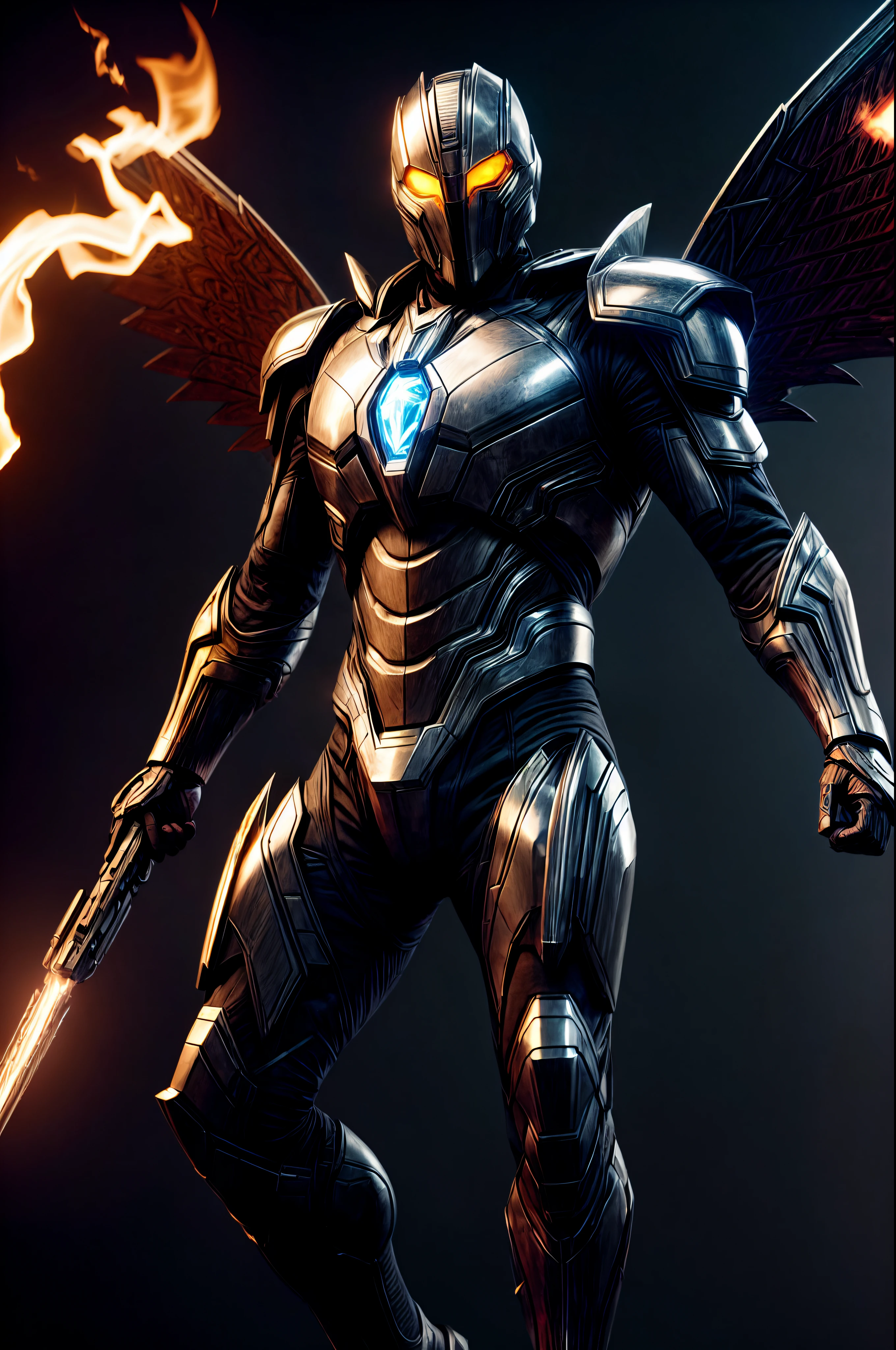 An intricate image of a Futuristic power-suit with armor and ai, that resembles a assasin with demon skull helmet with glowing cyclopse ember eyes, intricate metal wings, with flame thrower, Superhero landing pose, micro-details, photorealism, one light, dark photo, deep shadows, shallow depth of field, photorealistic, Surrealism, high quality, masterpiece, 8k, 8k, super detail, full body portrait,  extremely muscular, scratched, dented, battle scars, flying with his boosters