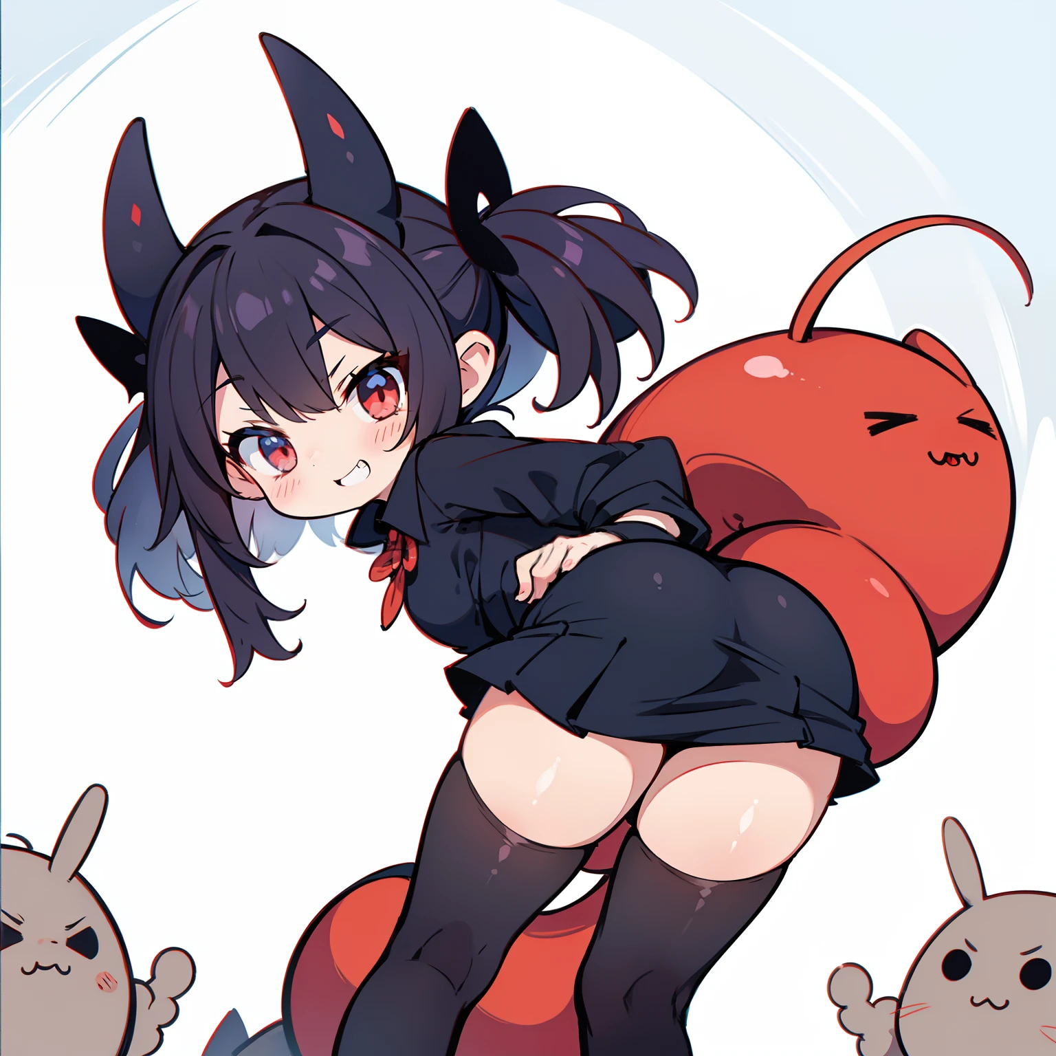 A mischievous and adorable little demon lord innocently bending over away from the camera, showing off her shapely rear