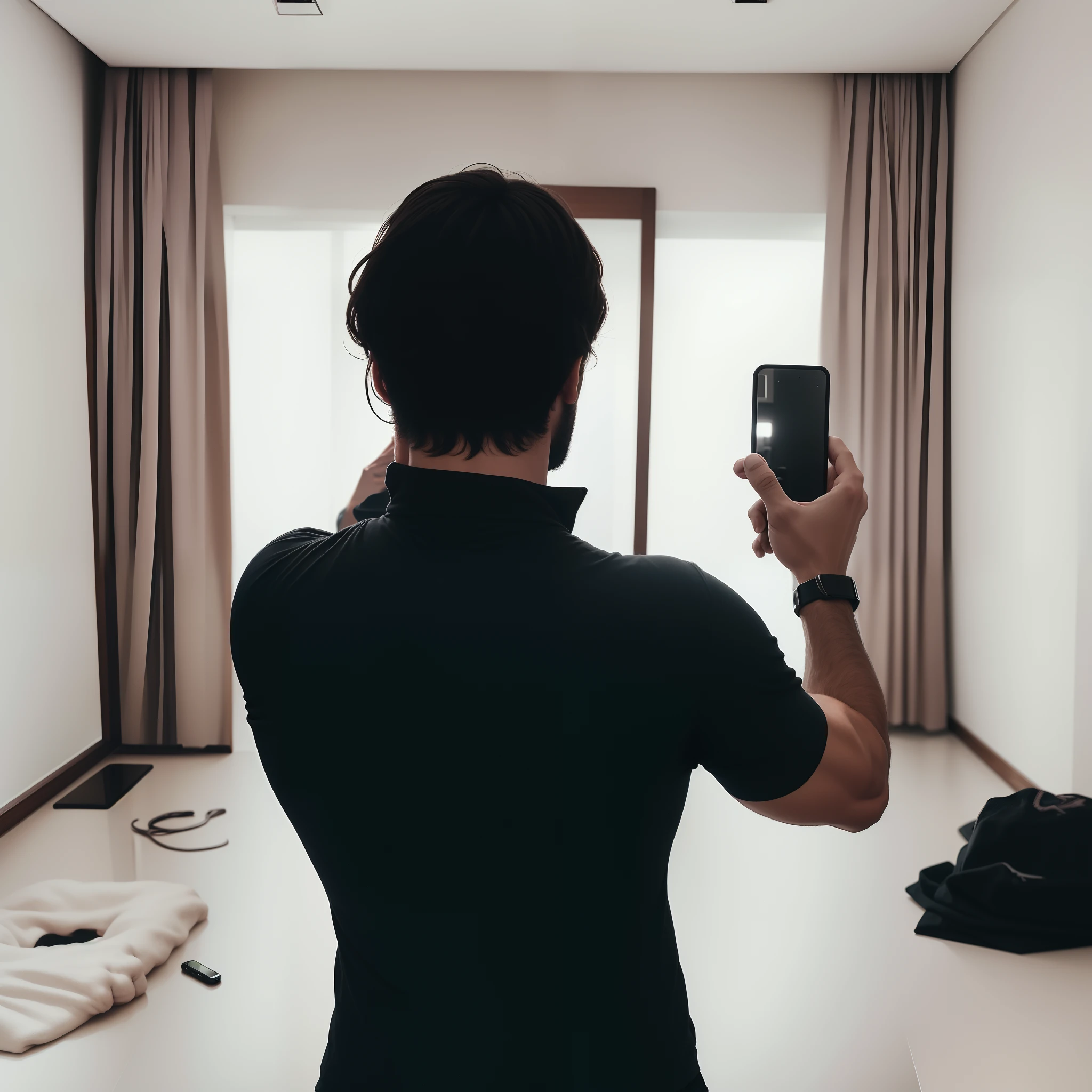 um (( strong )) homem de camisa preta, Taking selfie in the mirror from back to mirror, sala limpa. Foto causal destinada ao Instagram, Tela do celular refletindo a imagem. Photography, hyper-realistic.