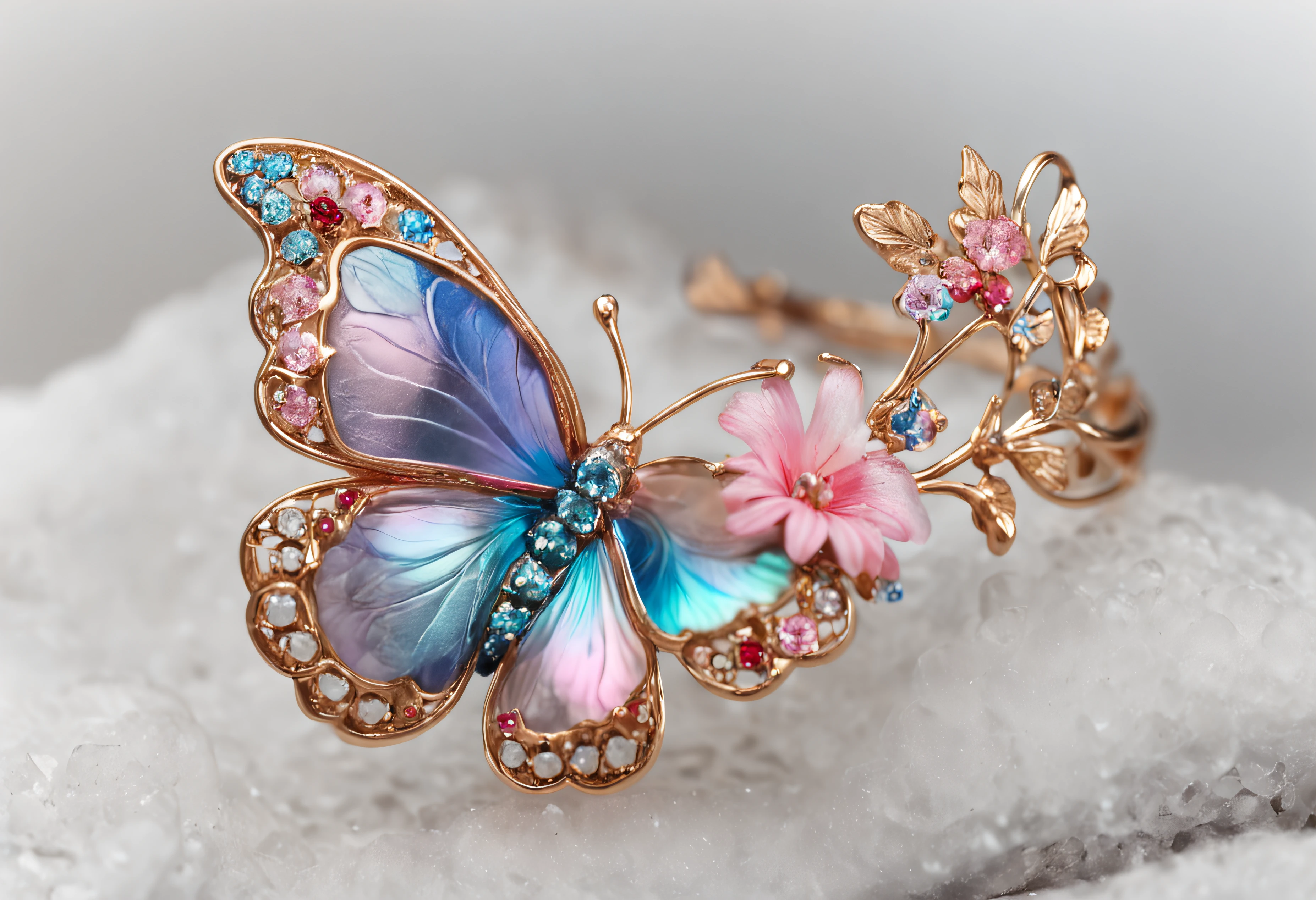 Gorgeous and delicate butterfly ornaments,brilliant colorful,Fine engraving,Shine brightly,The attention to detail,The jewelry is of high quality,Extremely high image quality;blue hair+Small pink flowers:1.3+Big red eyes+gold-wire glasses:1.2+Intellectual beauty:1.1)