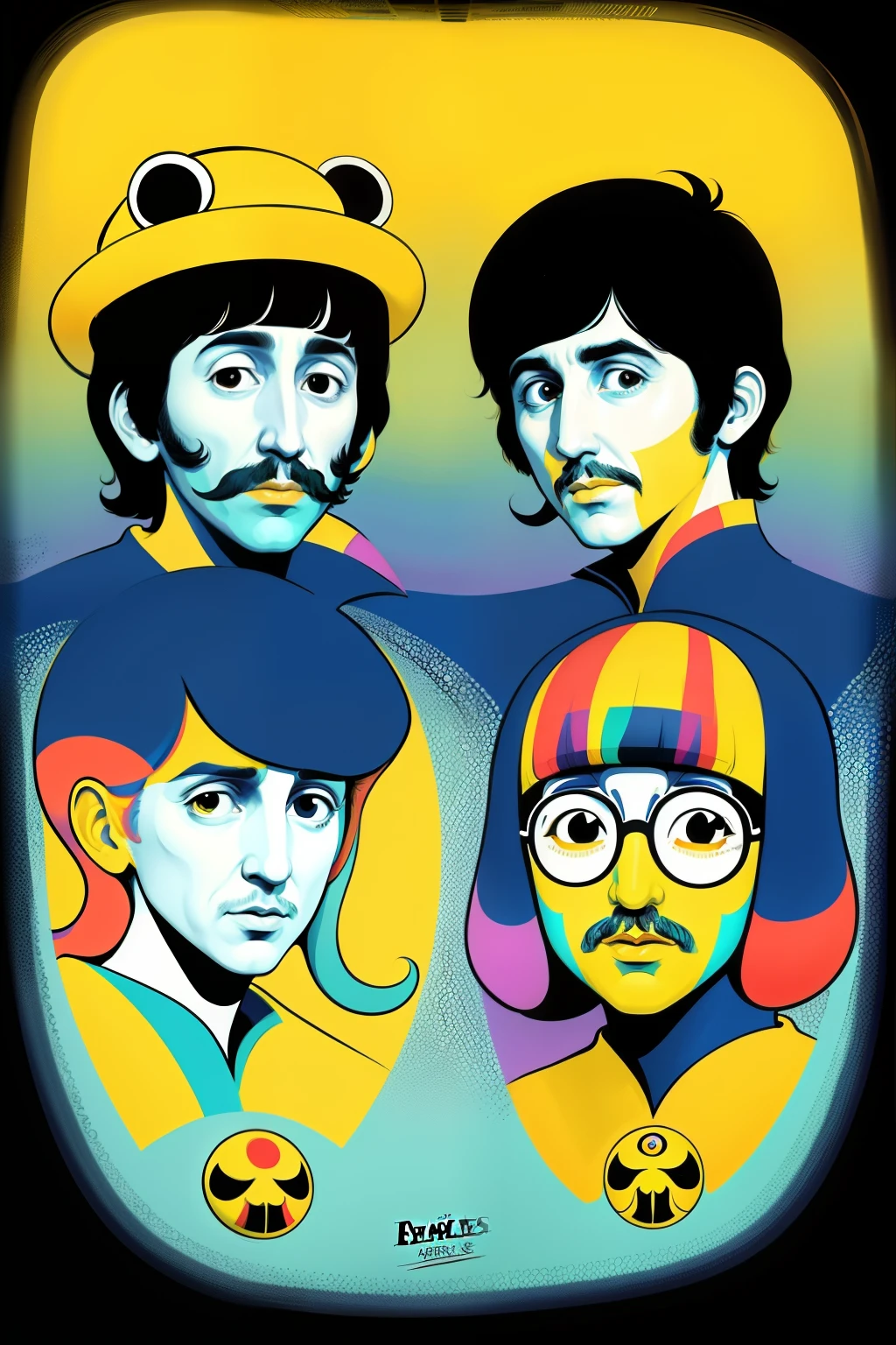 The Beatles On a yellow submarine, concept art, 4k, in the style of peter max