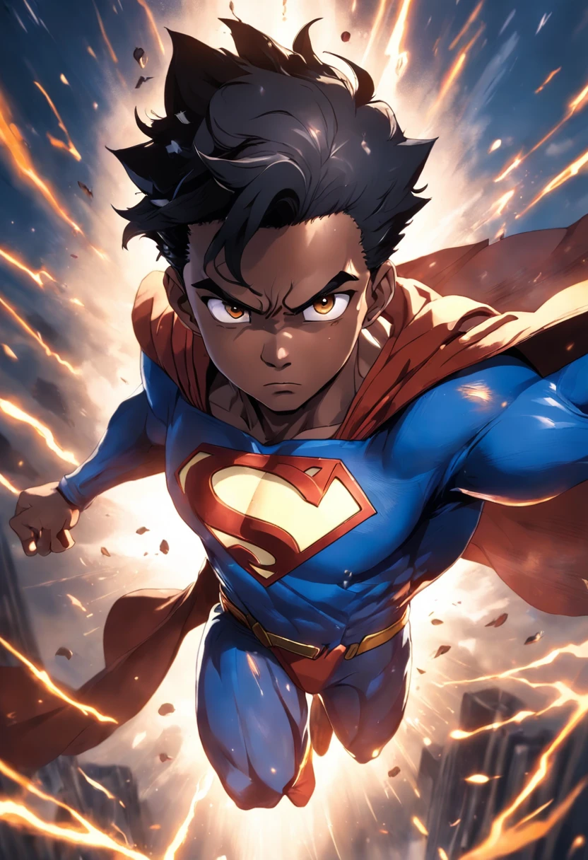 (best quality:1.33), (masterpiece:1.42), (realistic:1.24), (detailed:1.15), Generate an image of a 14-year-old black man as a superman with flashy special effects and eye-catching, such as bursts of energy or lightning, Ross Tran style, professional photo shoot, action shot, cowboy shot, kaleidoscope