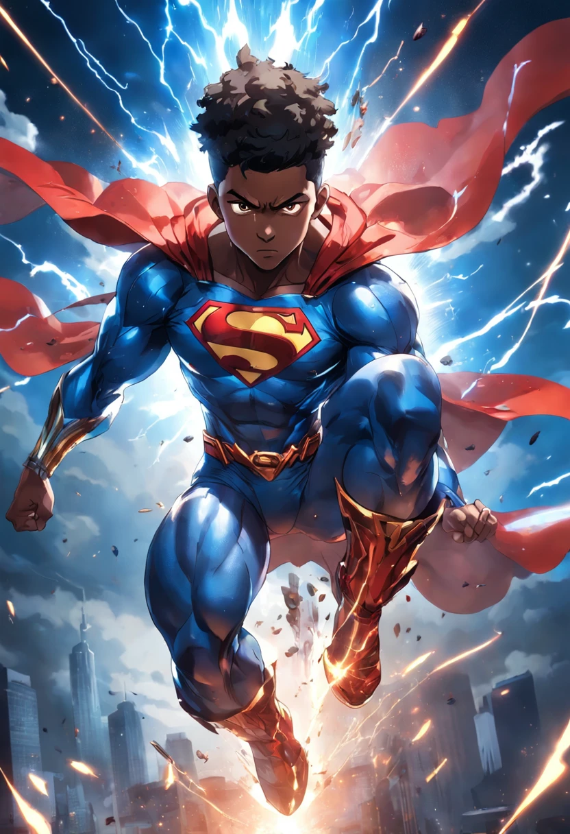 (best quality:1.33), (masterpiece:1.42), (realistic:1.24), (detailed:1.15), Generate an image of a -yeld bl man as a superman with flashy special effects and eye-catching, such as bursts of energy or lightning, Ross Tran style, professional photo shoot, action shot, cowboy shot, kaleidoscope
